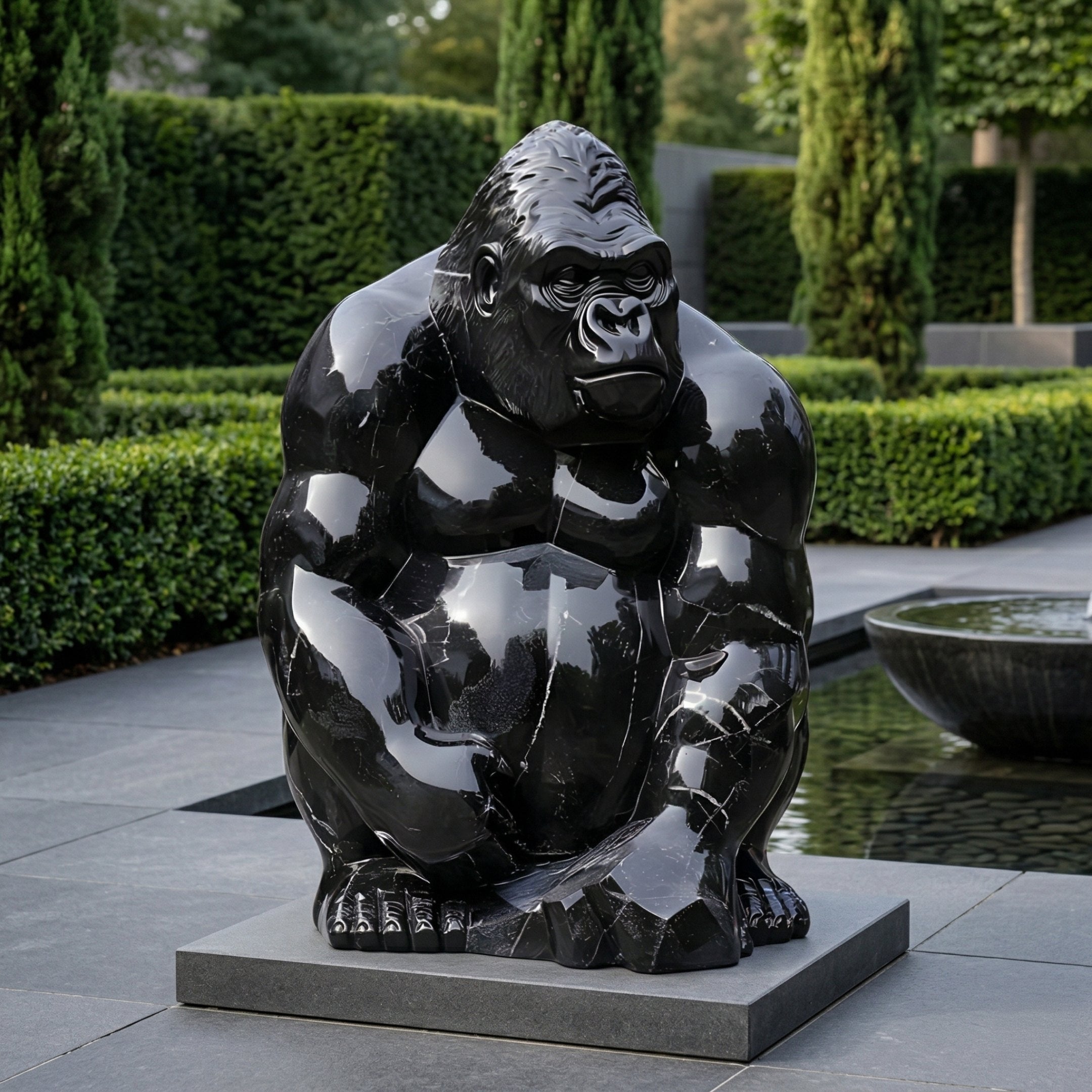 The Onyx Seated Gorilla Marble Outdoor Sculpture (80cm) by Giant Sculptures sits on a stone pedestal amidst manicured hedges, tall trees, and a water feature in a landscaped garden.