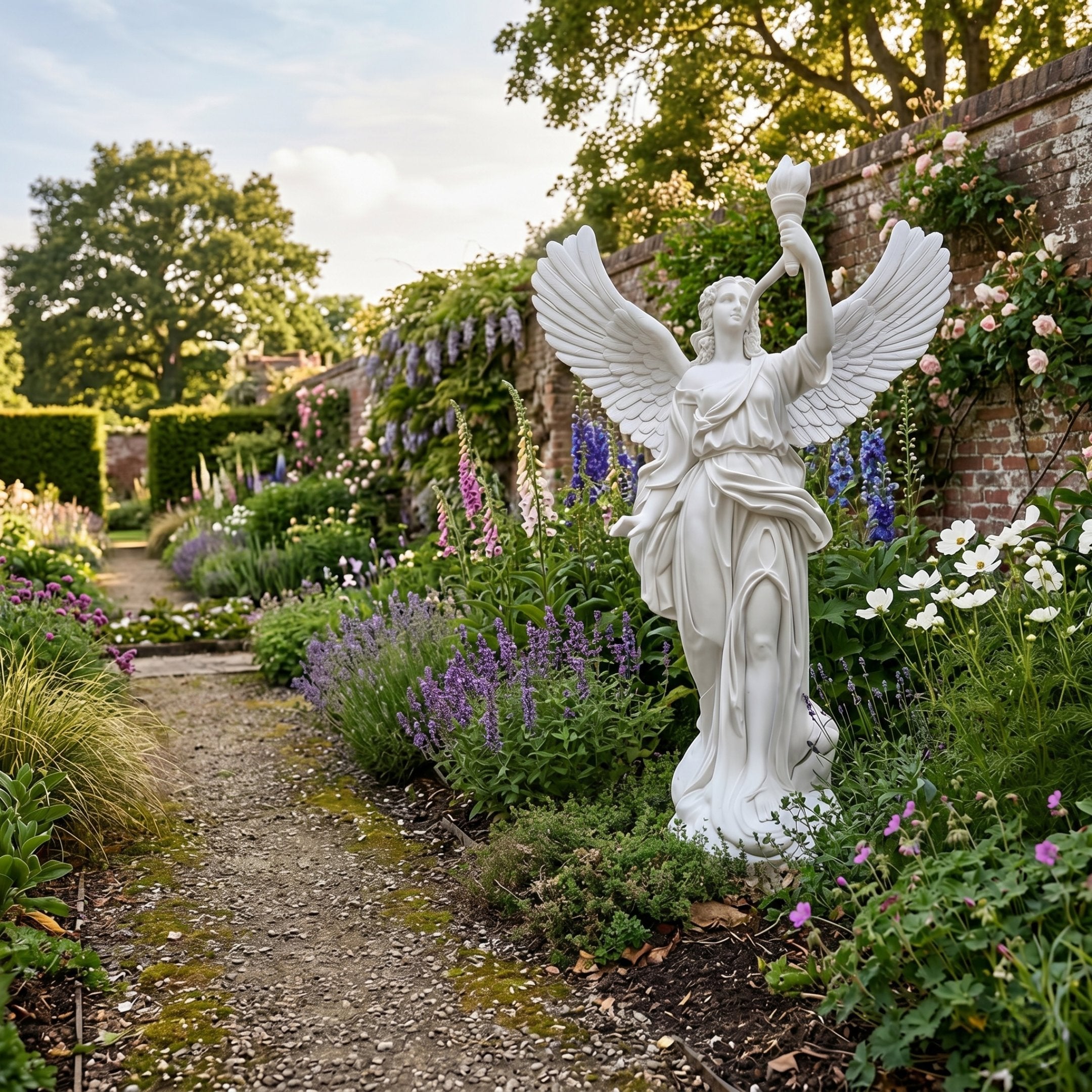 Torch-Bearing Angel Marble Outdoor Sculpture by Giant Sculptures, 220cm white marble angel with outstretched wings and raised torch, set in a walled English garden with lavender and roses.