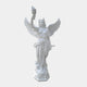 The 220cm Victory Torch Angel Marble Outdoor Sculpture by Giant Sculptures features a winged female figure draped in flowing robes; she gracefully stands on a pedestal, extending one arm while holding a torch aloft to symbolize enlightenment or guidance.