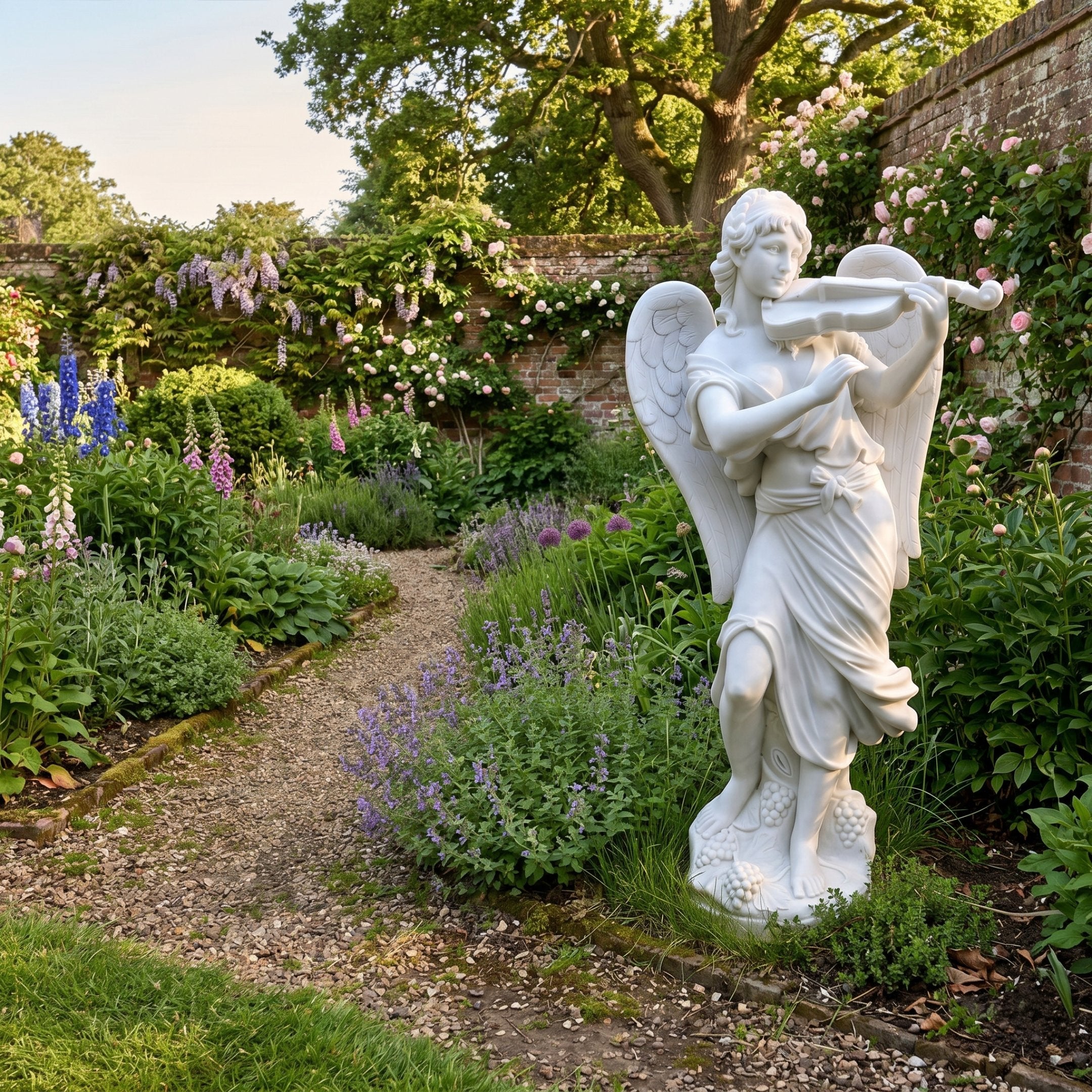 Angel Playing Violin Angel Marble Outdoor Sculpture in white marble, 180cm tall, depicting a winged angel mid-performance in a lush walled English garden with climbing roses and lavender.