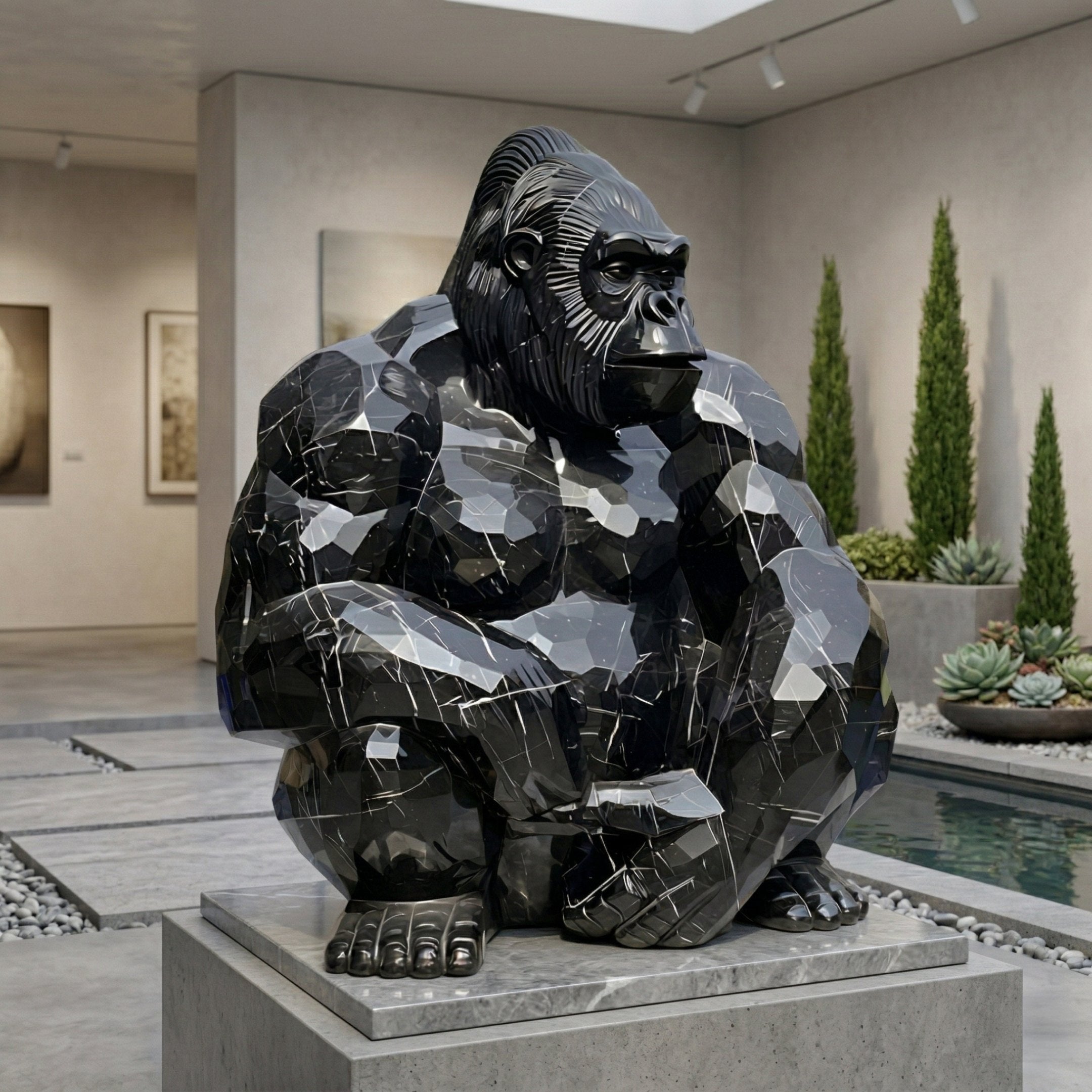 The Onyx Crouching Gorilla Marble Outdoor Sculpture - 80cm by Giant Sculptures sits on a pedestal in a modern gallery with plants, art, and water feature, adding striking hand-carved elegance to the space.