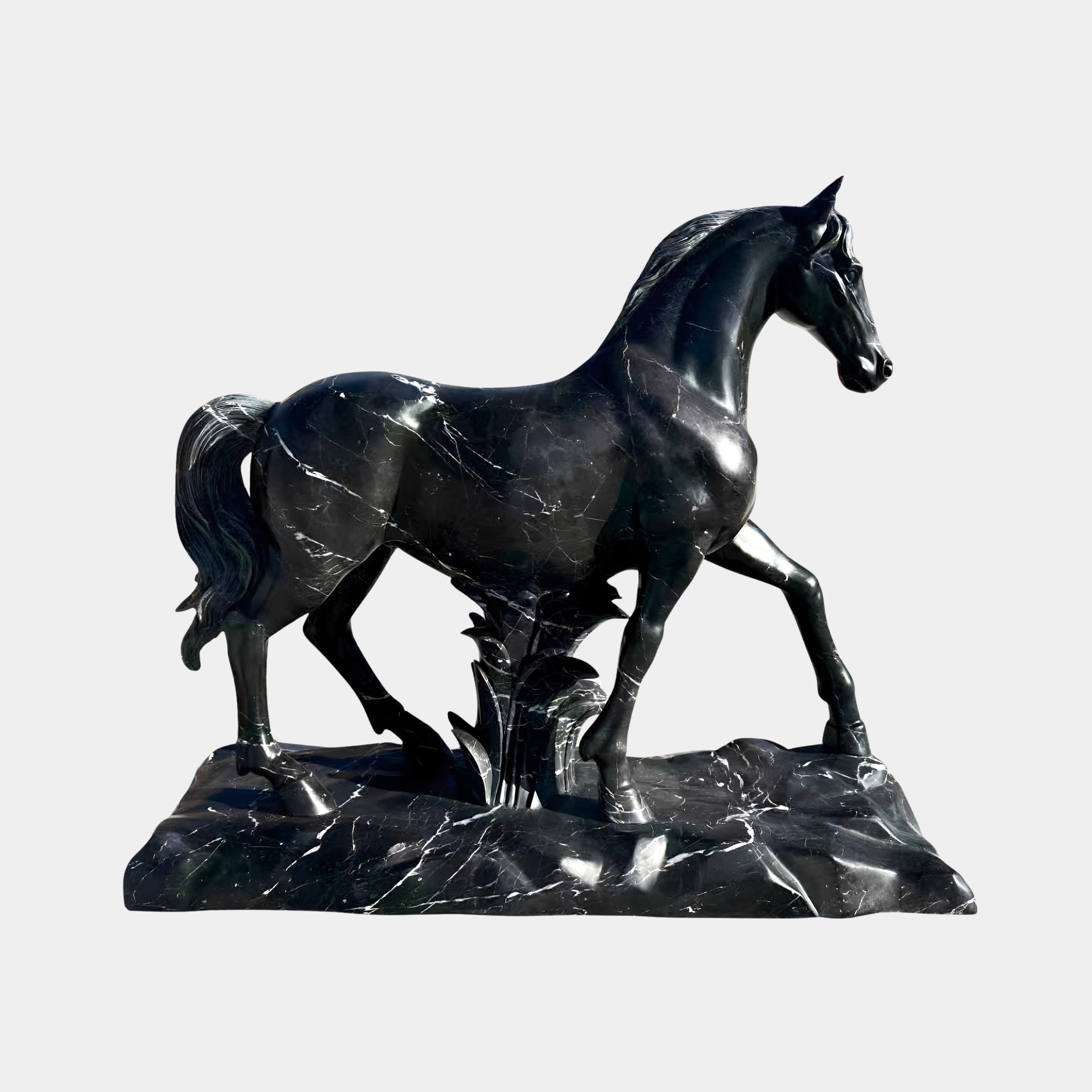 The Majestic Horse Black Marble Outdoor Sculpture by Giant Sculptures stands 220cm tall, featuring a polished horse with raised front leg and head turned right on a textured base, set against a plain light background.