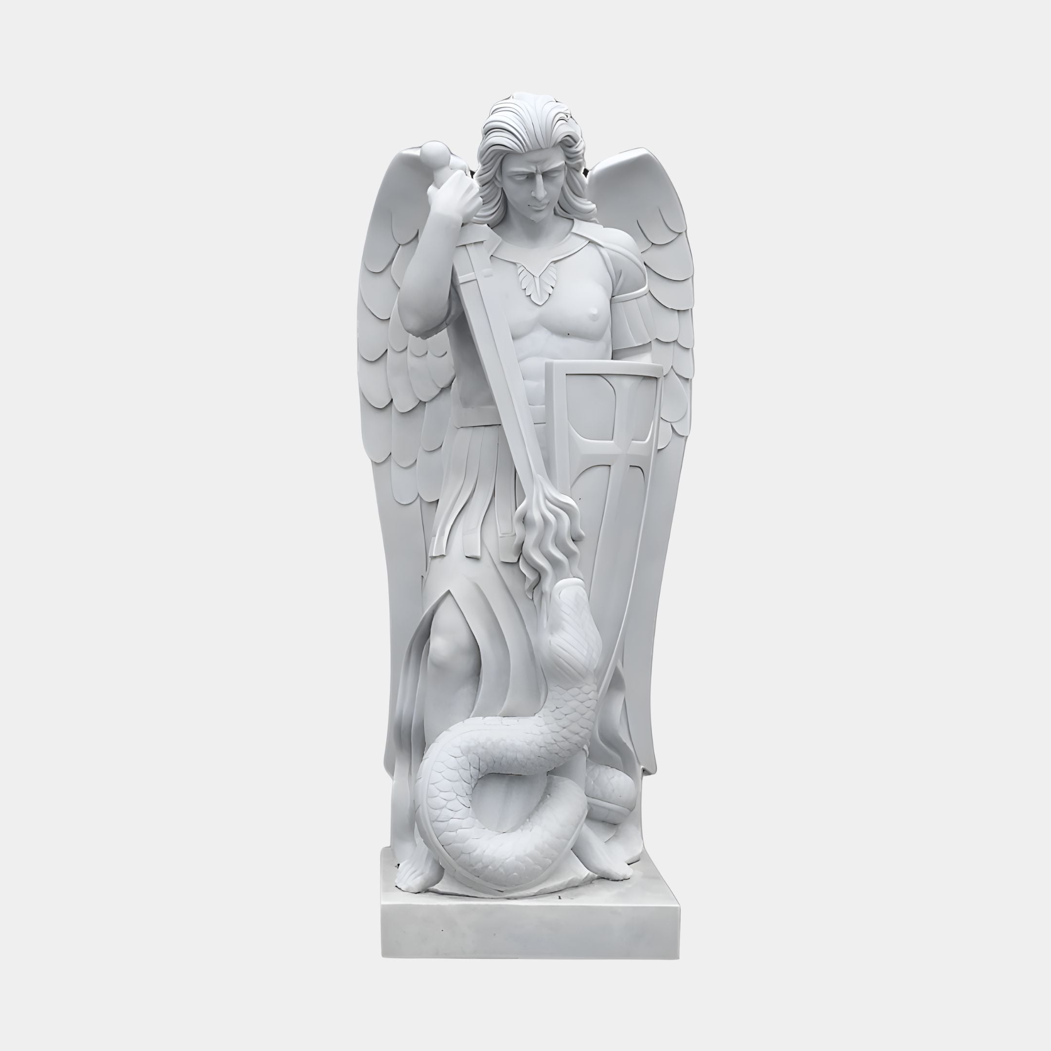 The Giant Sculptures Serpent Vanquisher Angel Marble Outdoor Sculpture - 220cm depicts a male angel with large wings, wearing a tunic. His determined gaze complements his sword thrust into a serpent at his feet, with a shield by his side.