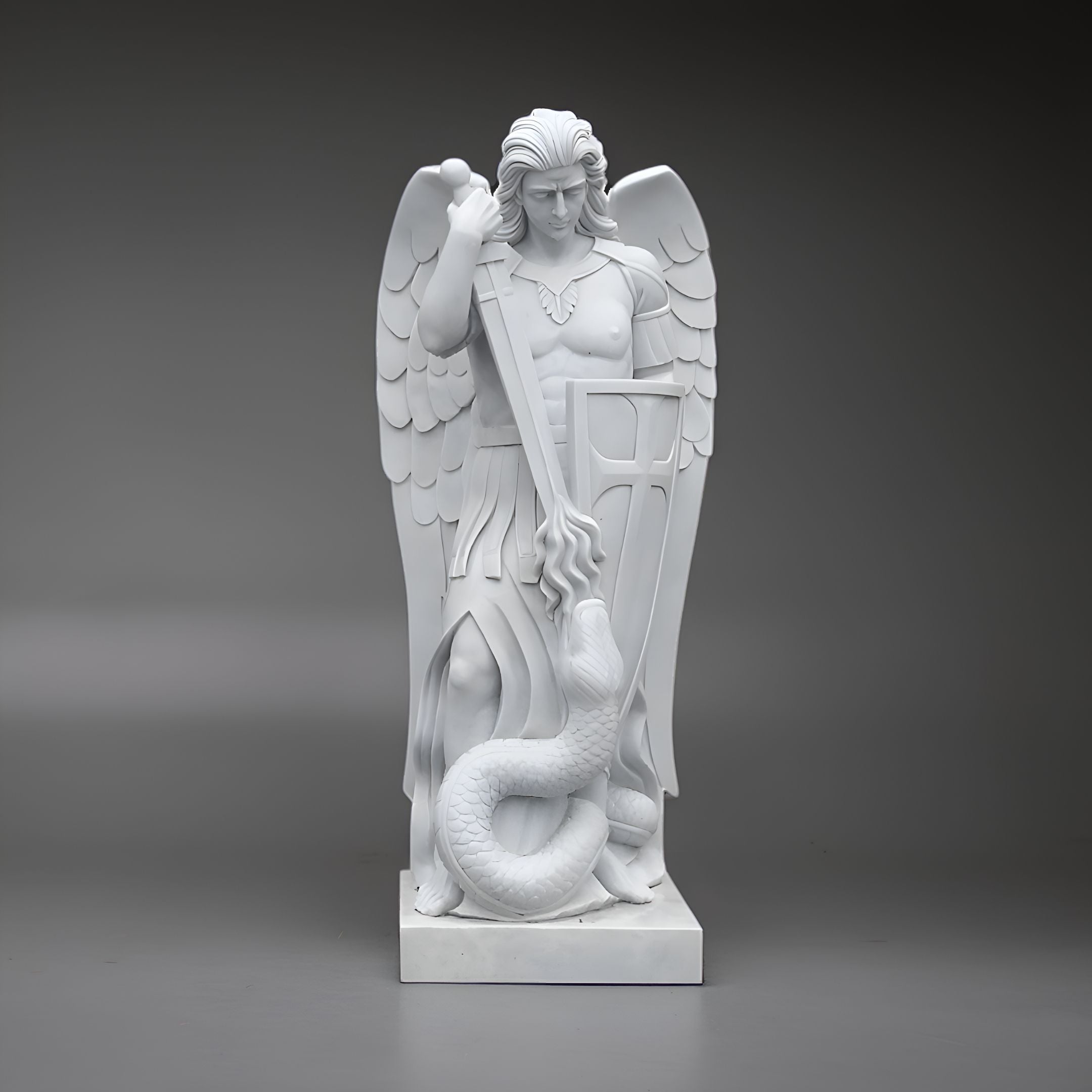 The Giant Sculptures 220cm Serpent Vanquisher Angel Marble Outdoor Sculpture showcases an angelic figure with wings, a sword, and a shield, standing on a pedestal. A serpent coils around the base to highlight its role as a vanquisher against a dark backdrop.