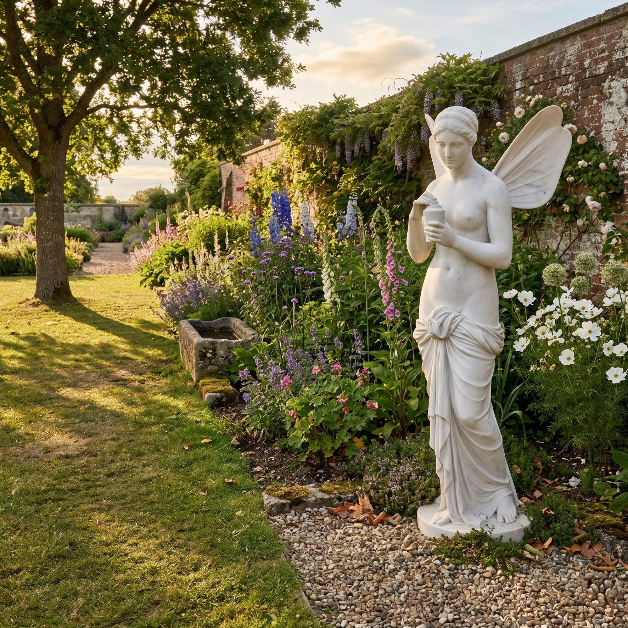 Giant Sculptures Psyche Winged Angel Marble Outdoor Sculpture in white marble, 160cm, with butterfly-like wings and draped lower body, set in a walled English garden border.