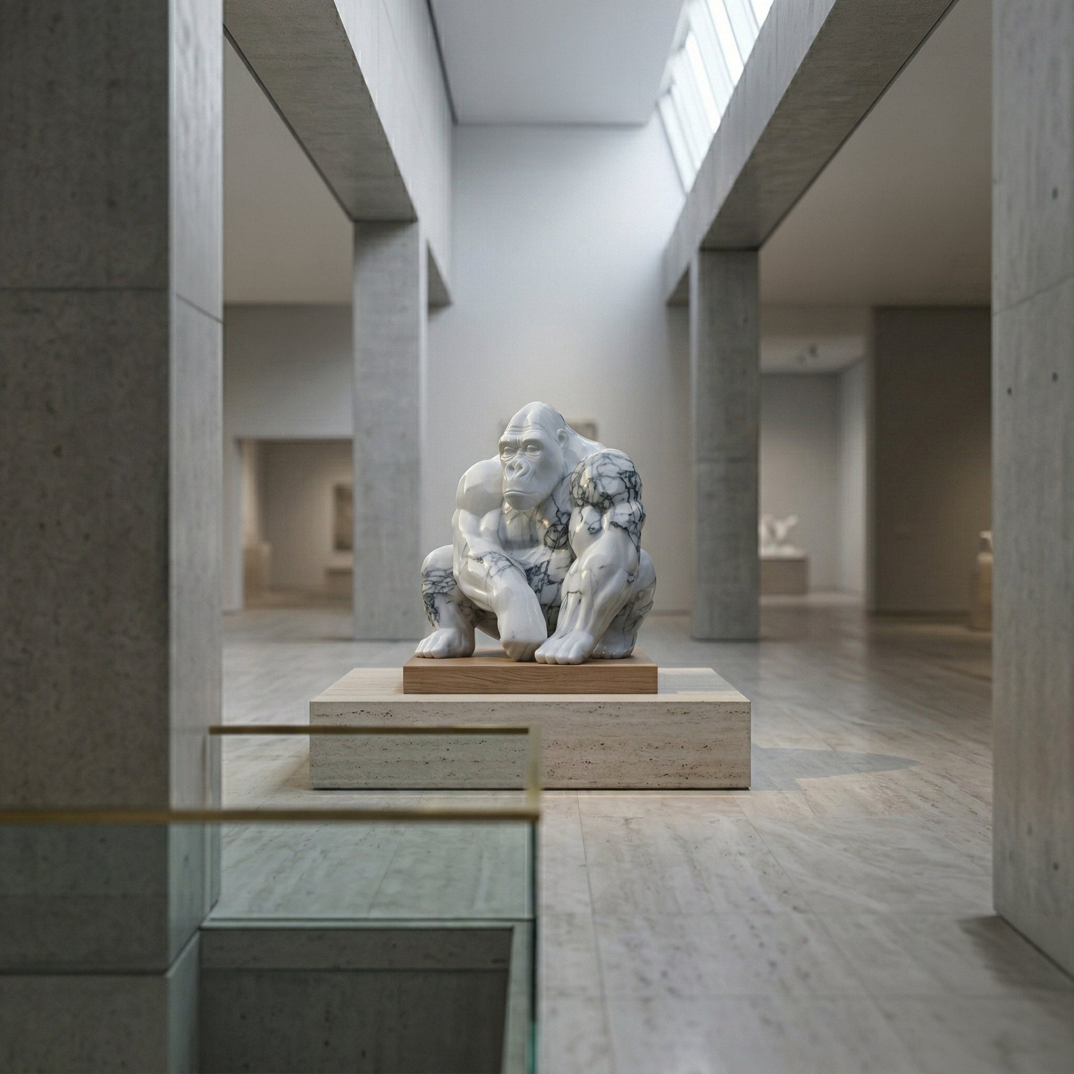 The White Veined Gorilla Marble Outdoor Sculpture - 220cm by Giant Sculptures crouches on a pedestal in a spacious, modern art museum with concrete walls and skylights streaming natural light above.