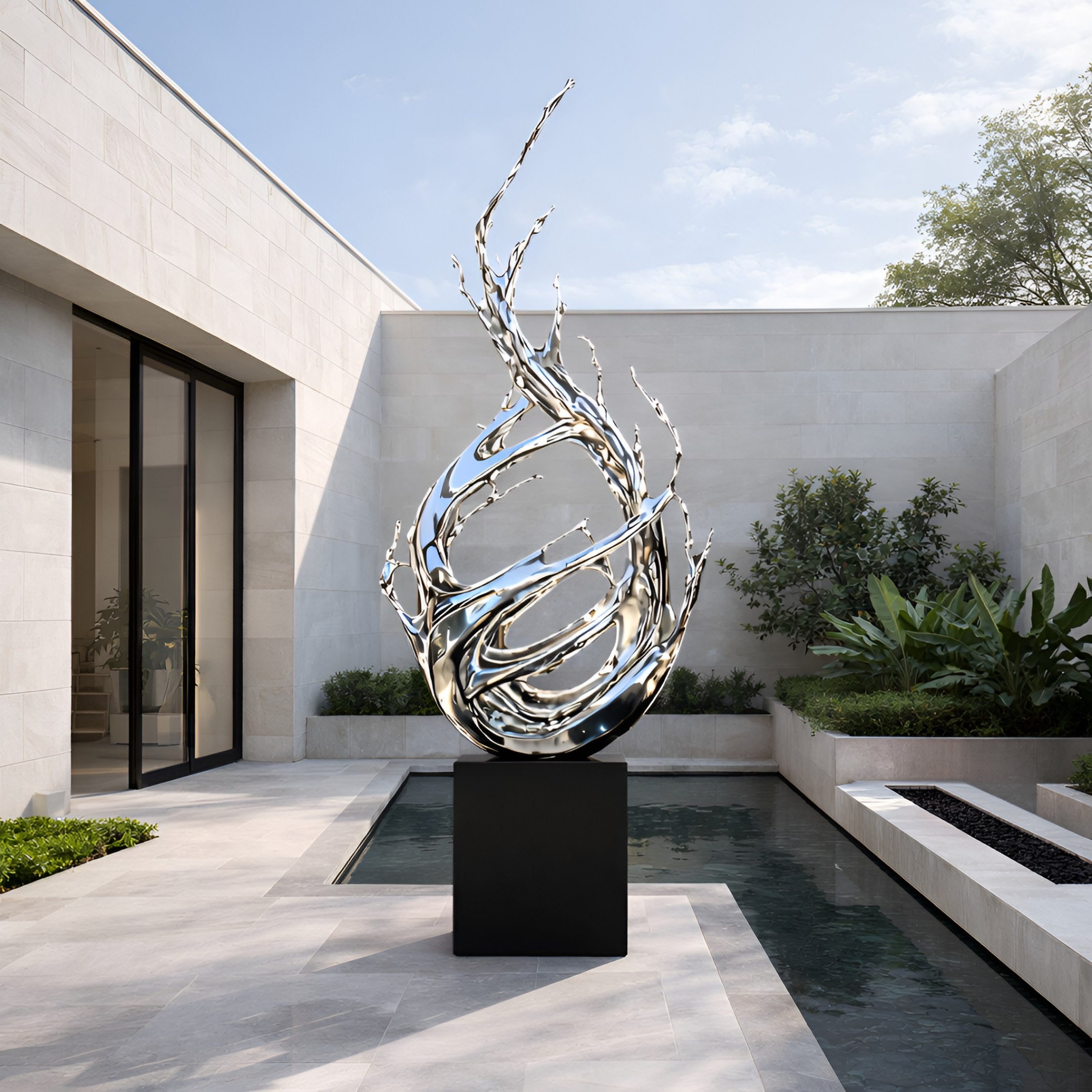 The Surge Silver Abstract Steel Sculpture - 320cm by Giant Sculptures, with flowing polished steel forms, stands on a black pedestal in a minimalist courtyard surrounded by water features, stone walls, and lush greenery.
