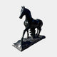 The Majestic Horse Black Marble Outdoor Sculpture by Giant Sculptures stands 220cm tall, featuring a shiny black horse with a raised front leg and turned head, displayed on a sculpted base against a plain light background.