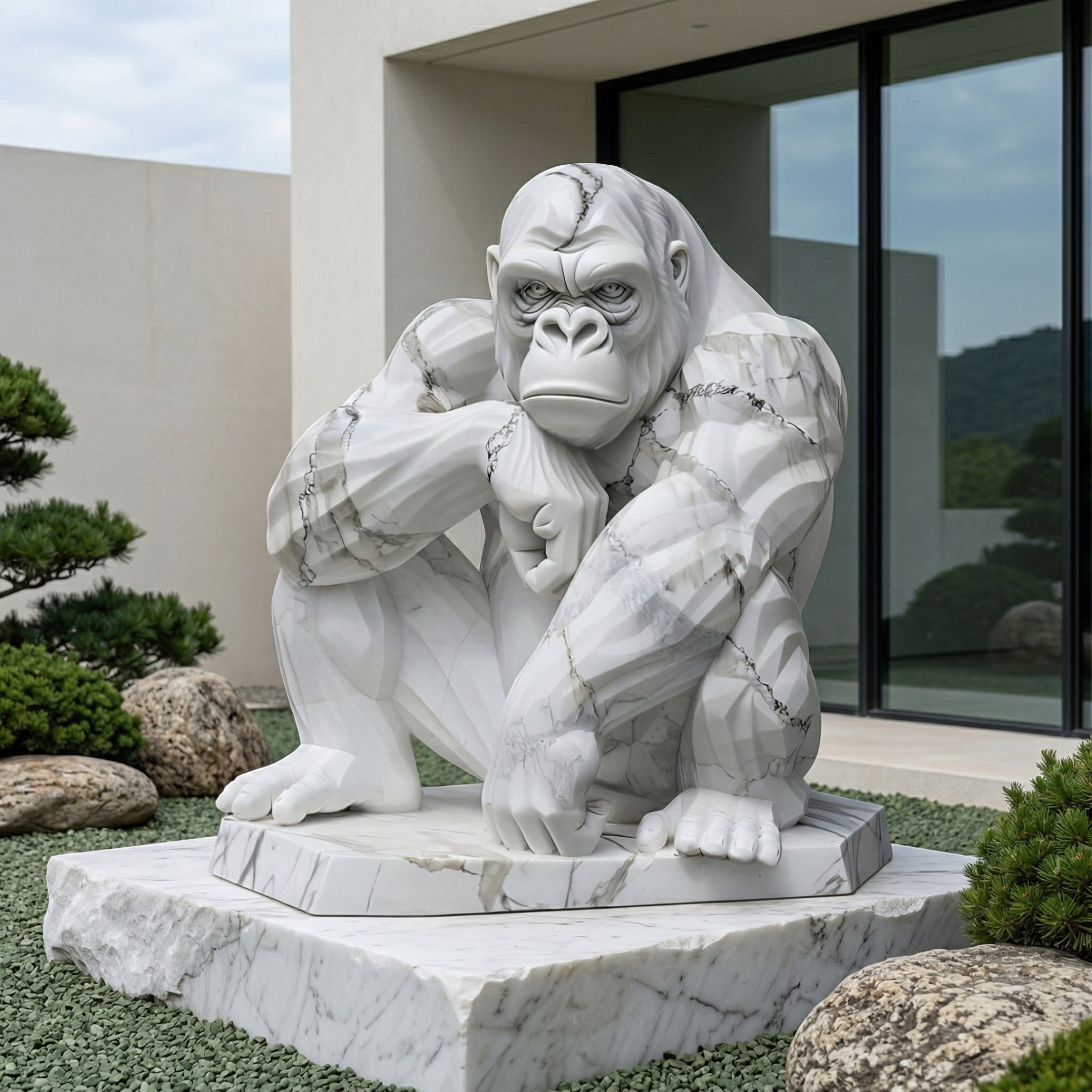 The Giant Sculptures White Veined Gorilla Marble Outdoor Sculpture - 150cm crouches on a stone platform in a modern courtyard with geometric landscaping and glass doors in the background.