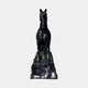 The Majestic Horse Black Marble Outdoor Sculpture by Giant Sculptures stands 220cm tall, featuring an elegant equestrian form on a rectangular base and is crafted from dark marble—perfect for outdoor display.