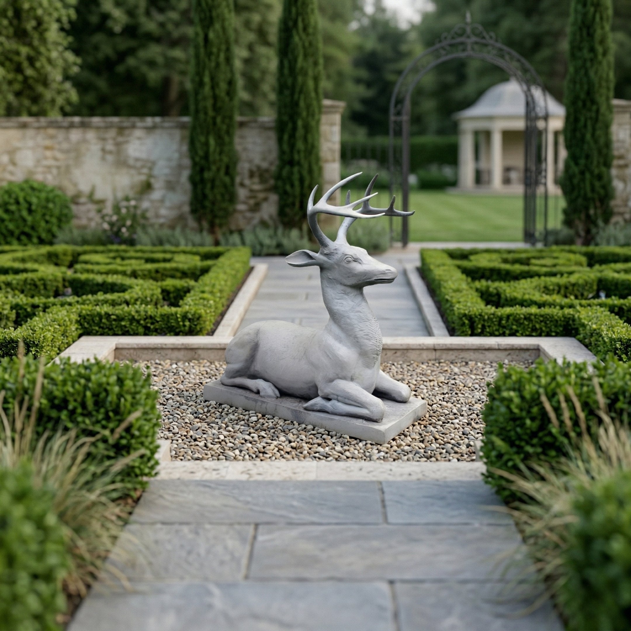 The Regal Lying Deer Marble Outdoor Sculpture by Giant Sculptures (180cm) rests on gravel in a manicured garden, surrounded by trimmed hedges, stone pathways, a pavilion, and a wrought iron gate.