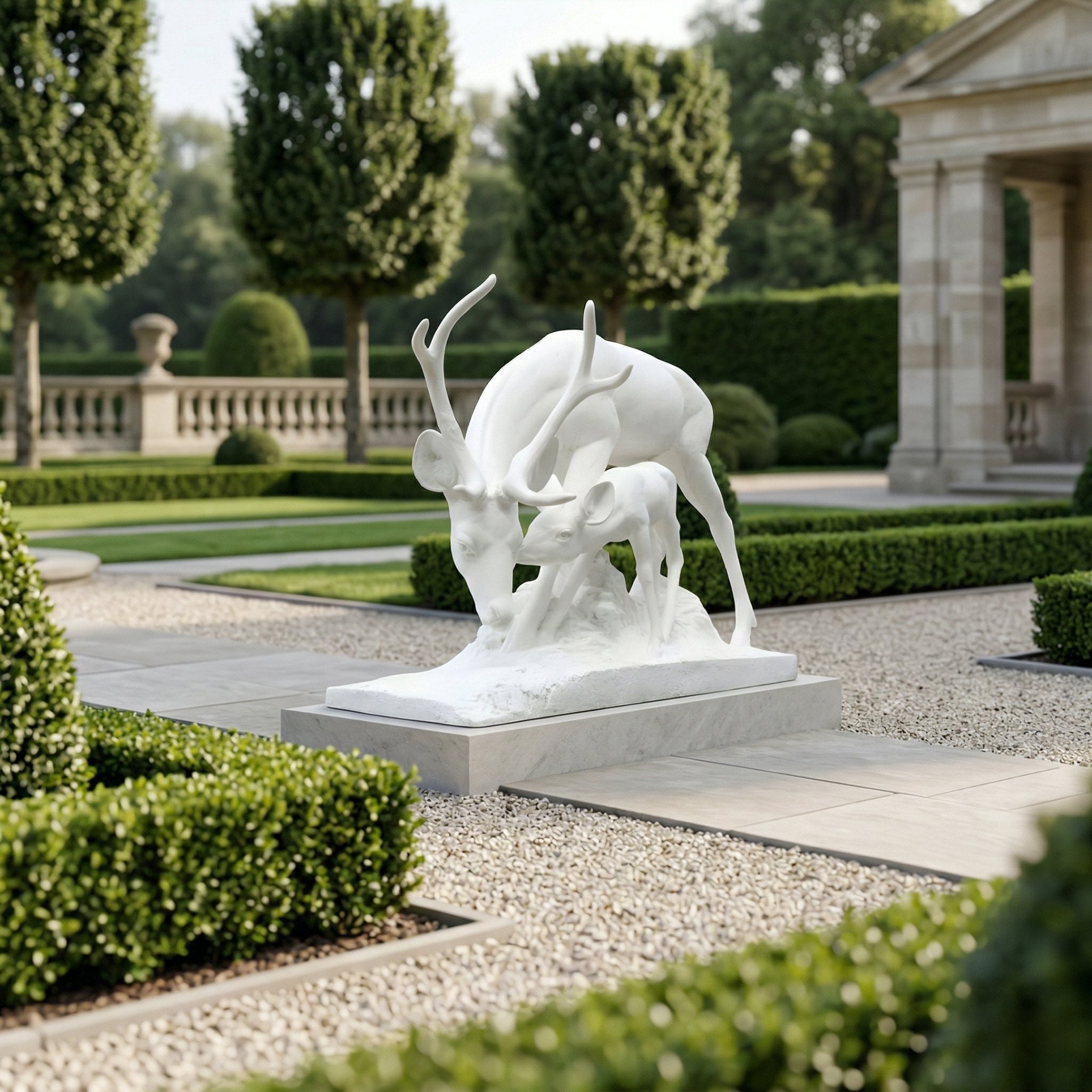The Nurturing Deer Marble Outdoor Sculpture - 160cm by Giant Sculptures stands on a rectangular pedestal in a manicured garden with hedges, gravel paths, and classical architecture in the background.