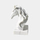 The Graceful Horse Head White Marble Outdoor Sculpture - 60cm by Giant Sculptures features a flowing mane and rests on a rectangular base, creating an elegant equestrian accent against a light gray background.