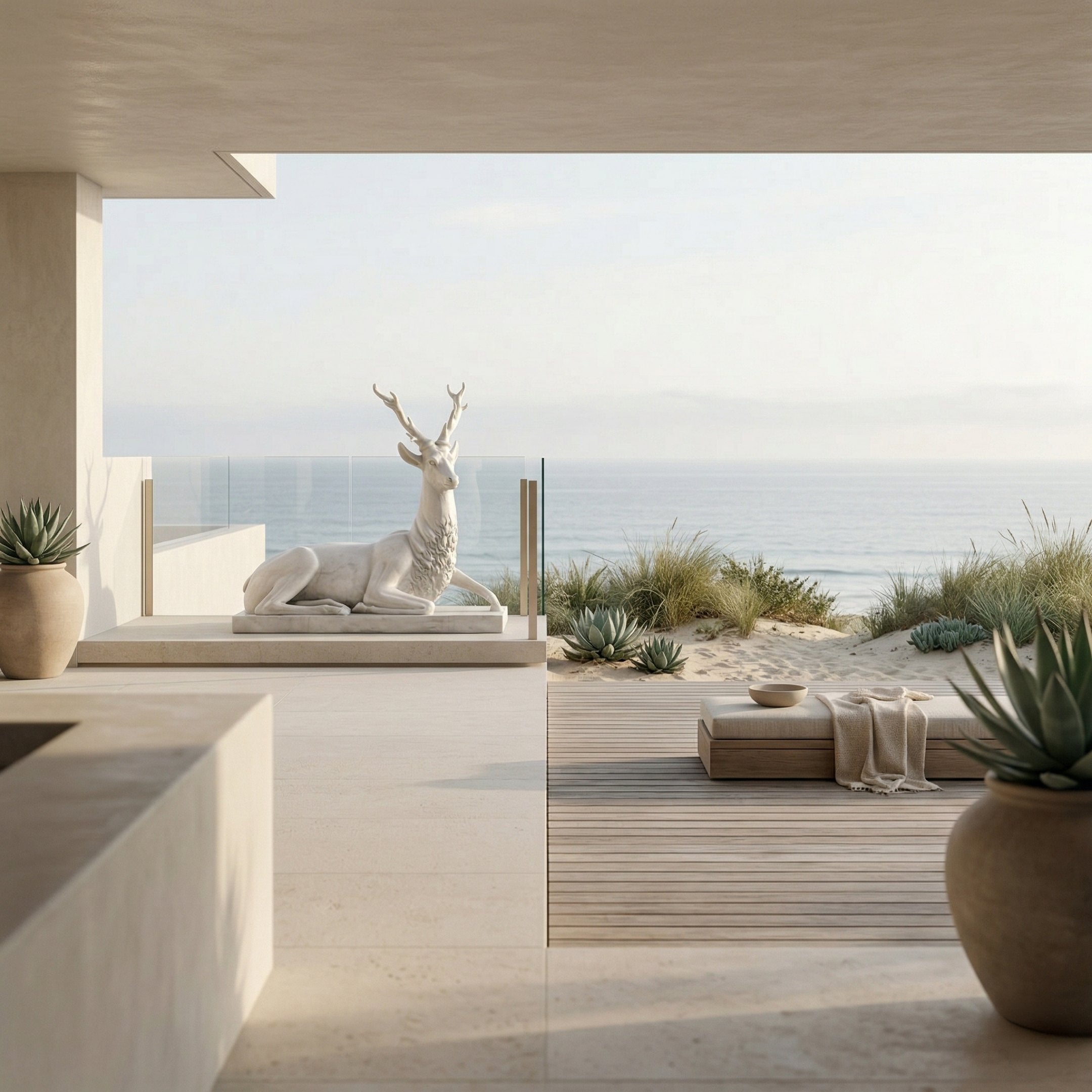 A modern patio with ocean views features the Giant Sculptures Regal Lying Stag Marble Outdoor Sculpture (150cm) near glass railings, surrounded by potted succulents and a low wooden table with cushions and a draped towel.