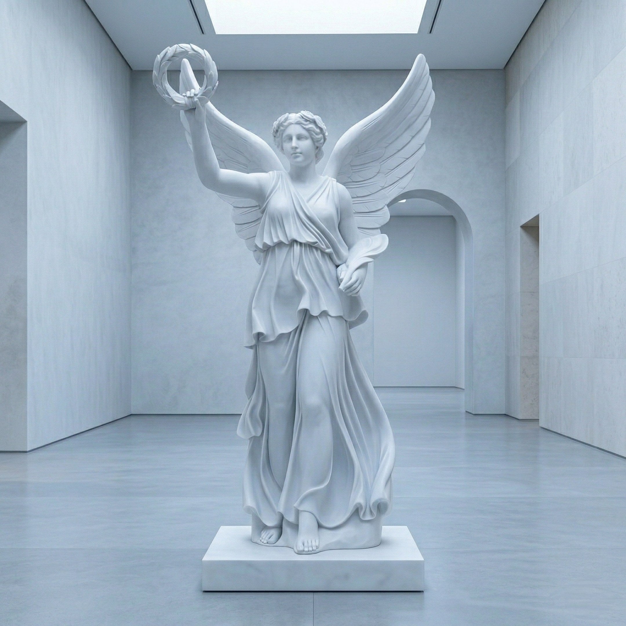 The Giant Sculptures Victory Wreath Angel Marble Outdoor Sculpture - 220cm stands on a pedestal in a spacious, modern, light-filled gallery with minimalistic pale walls and floor.