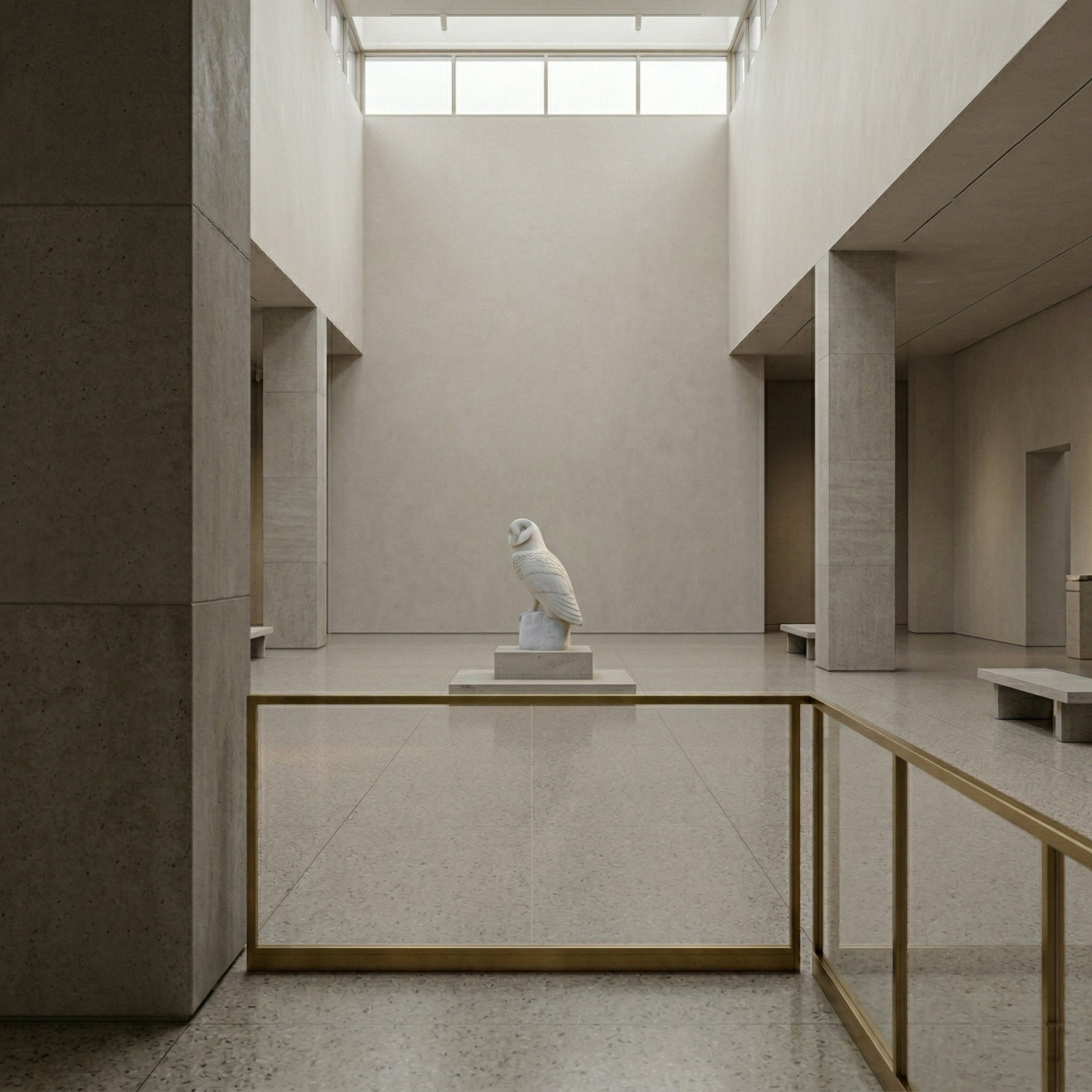 A minimalist museum hall with tall ceilings and stone columns displays the Giant Sculptures Watchful Owl Marble Outdoor Sculpture - 40cm on a pedestal, bathed in natural light from upper windows.