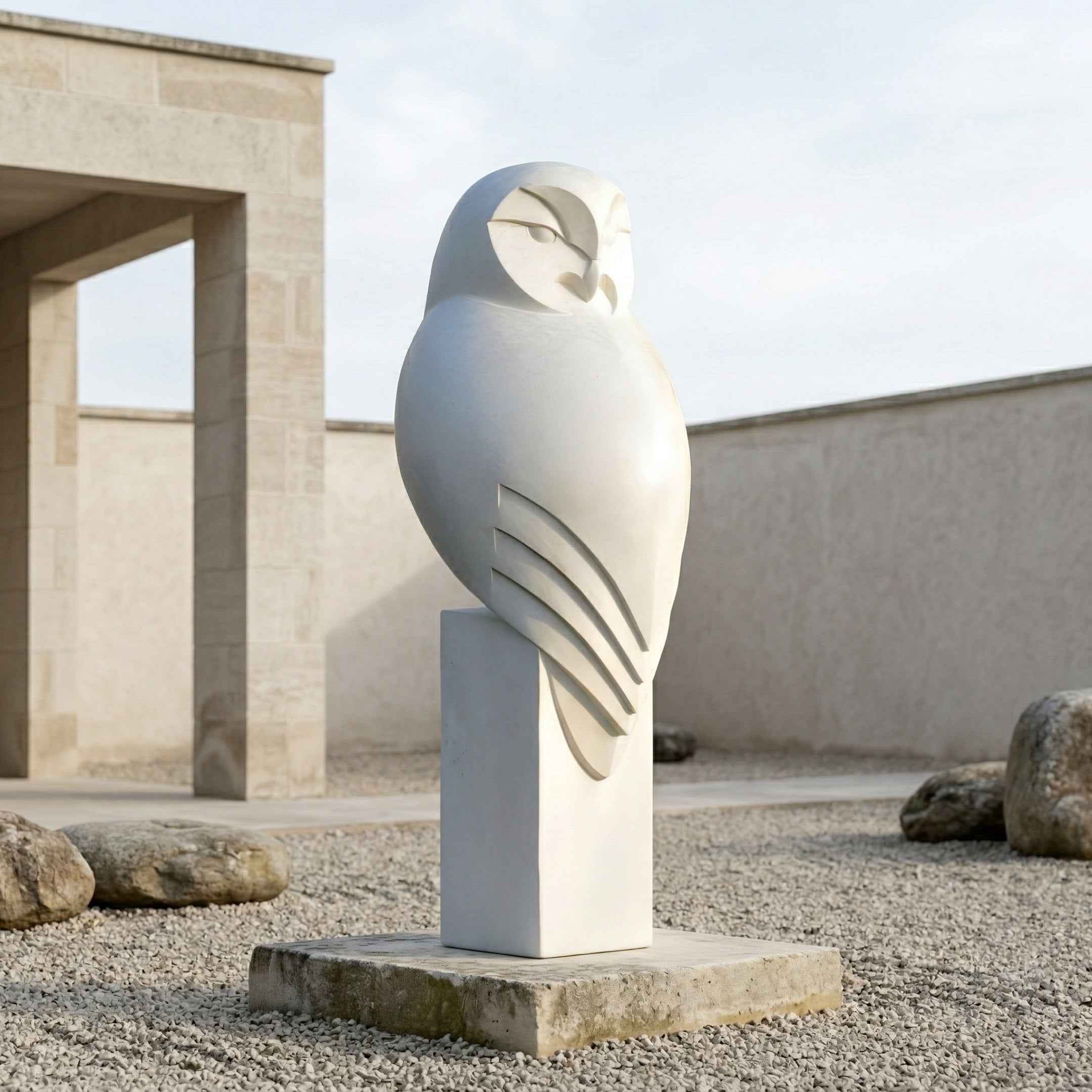 The Giant Sculptures Minimalist Perched Owl Marble Outdoor Sculpture (40cm) features smooth, curved lines and a calm abstract style, perfect for adding modern elegance to your garden or outdoor space.