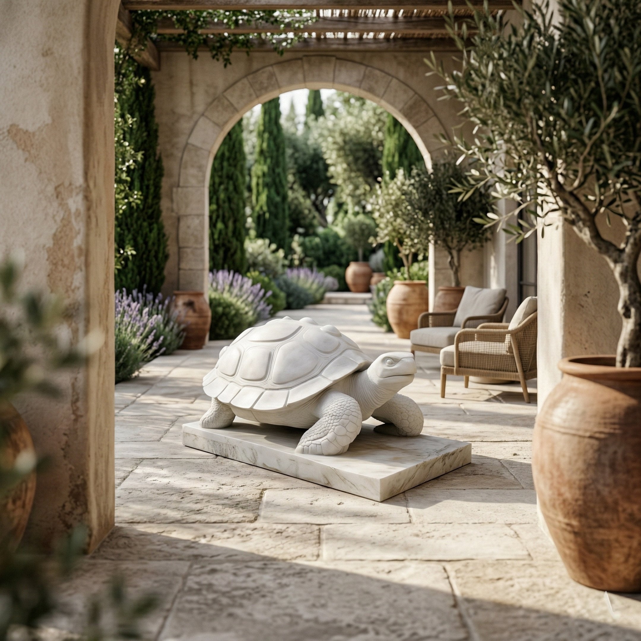 The Longevity Tortoise Marble Outdoor Sculpture (80cm) by Giant Sculptures adds timeless charm to a Mediterranean-style garden patio, surrounded by terracotta pots, lush greenery, and arched walkways.