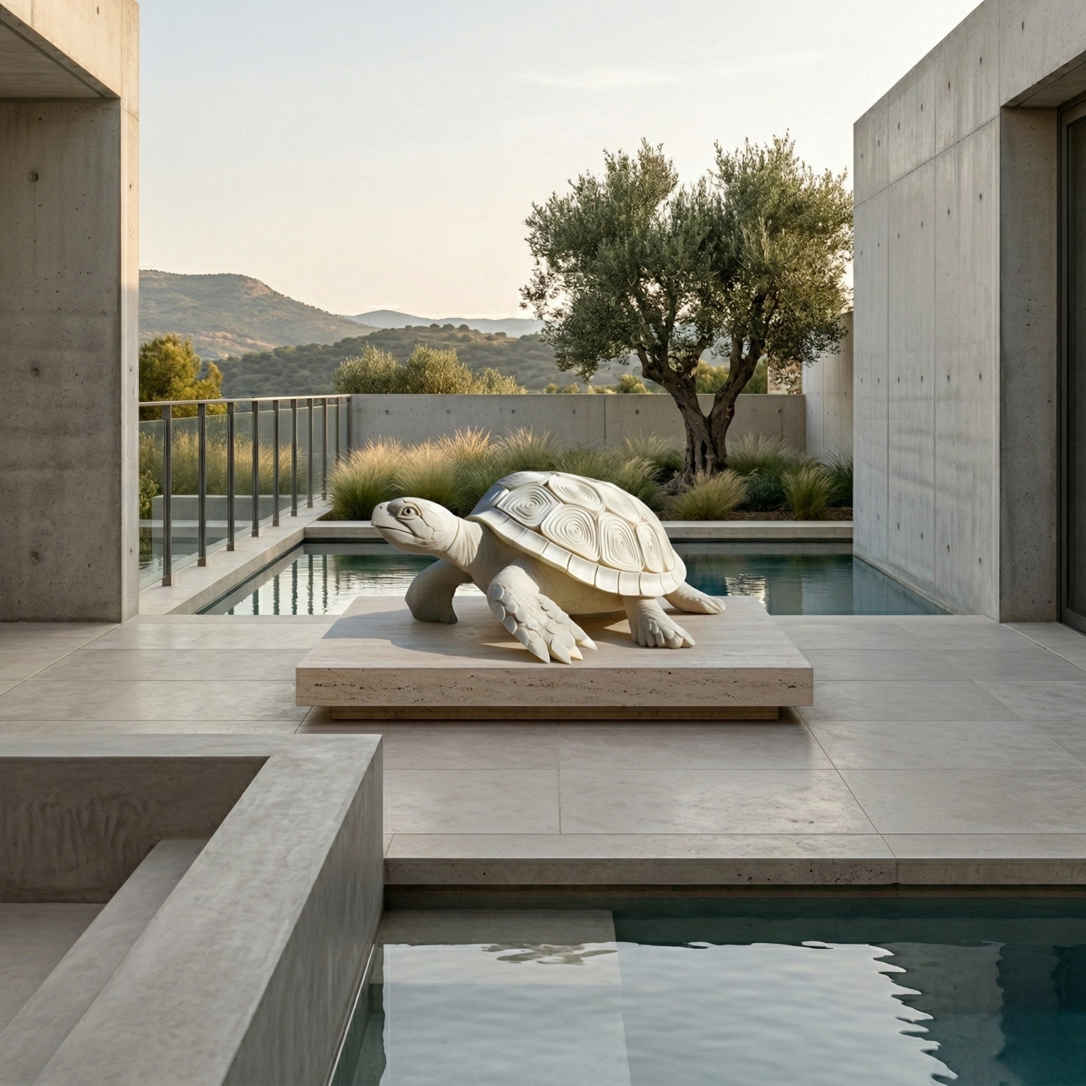 The Swirl-Shell Tortoise Marble Outdoor Sculpture (90cm) by Giant Sculptures stands on a platform in a modern pool area, framed by concrete walls and views of trees and distant hills.