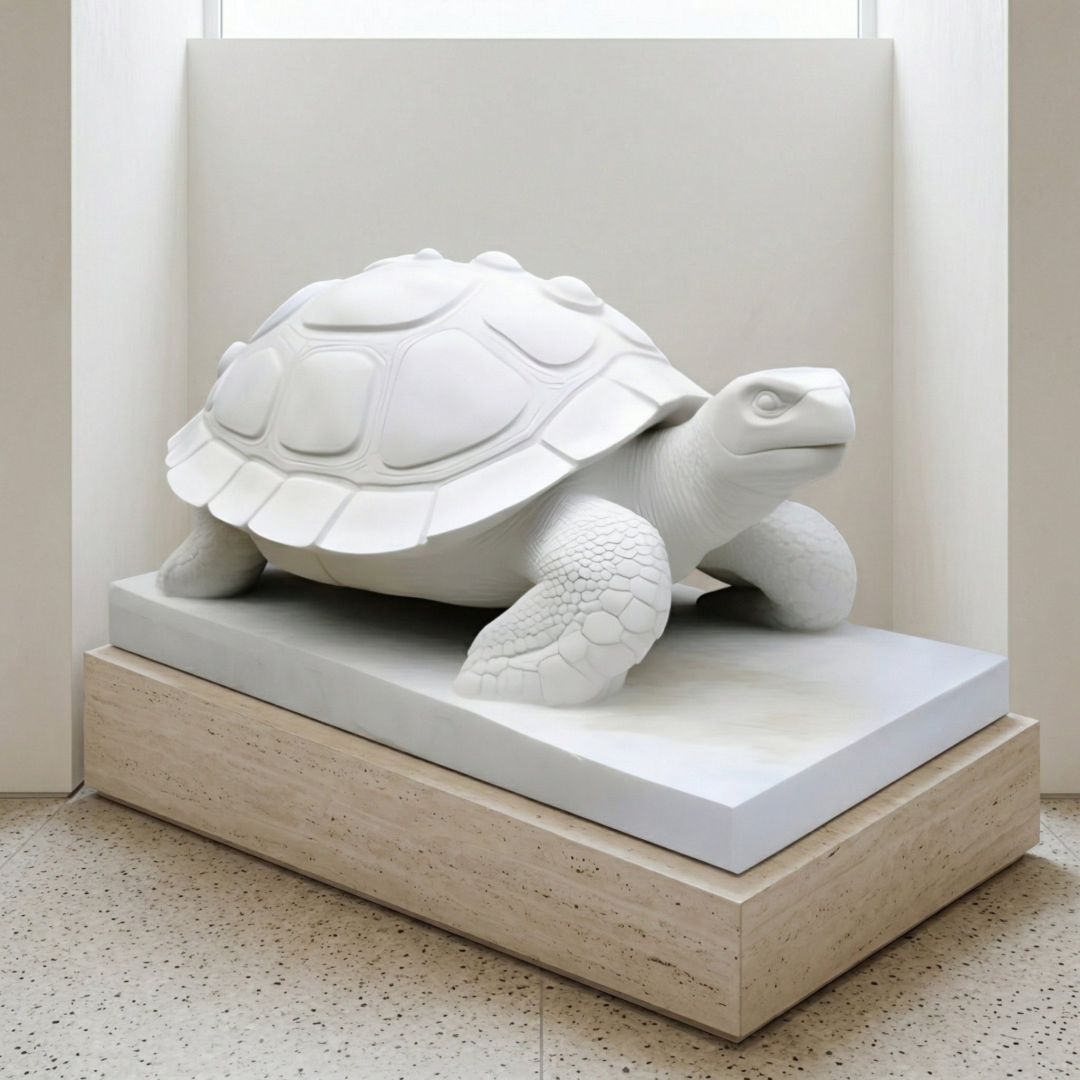 The Longevity Tortoise Marble Outdoor Sculpture (80cm) by Giant Sculptures is showcased on a rectangular pedestal in a bright, minimalist gallery, combining timeless elegance with garden-inspired charm.