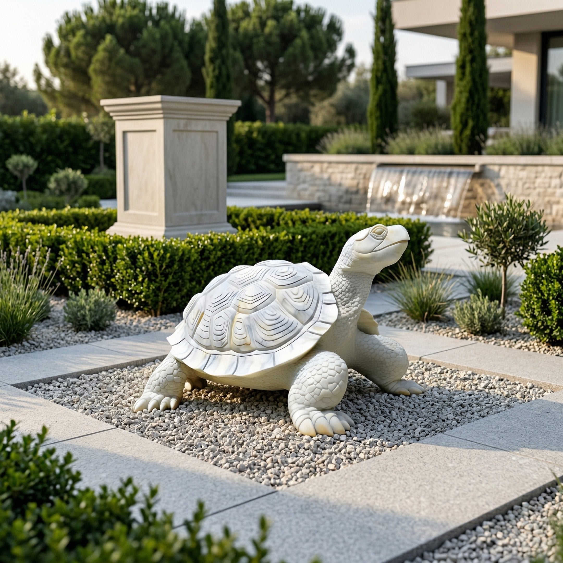 The Patterned Shell Tortoise Marble Outdoor Sculpture - 90cm by Giant Sculptures is displayed on gravel in a landscaped garden with trimmed bushes, stone paths, a waterfall, manicured trees, and a modern building nearby.