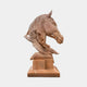 The Honeycomb Horse Head Marble Outdoor Sculpture - 100cm from Giant Sculptures features a bronze horse head on a yellow marble base. Its smooth left side contrasts captivatingly with the textured honeycomb motif on the right against the light background.