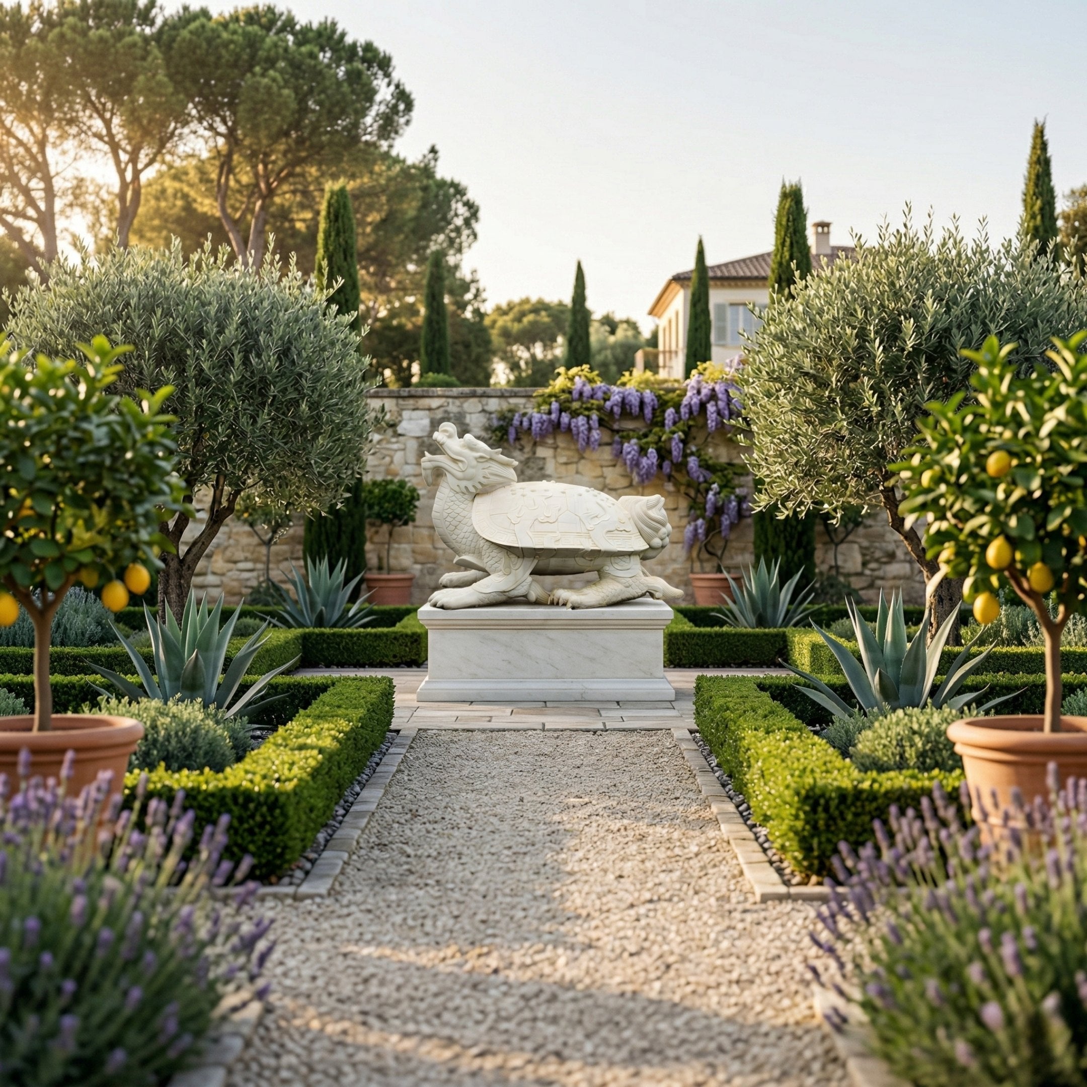 A formal garden with neatly trimmed hedges, potted lemon trees, lavender, and a central Giant Sculptures Chinese Guardian Dragon Marble Outdoor Sculpture (80cm). Sunlight filters through tall trees; wisteria-covered stone wall in the background.