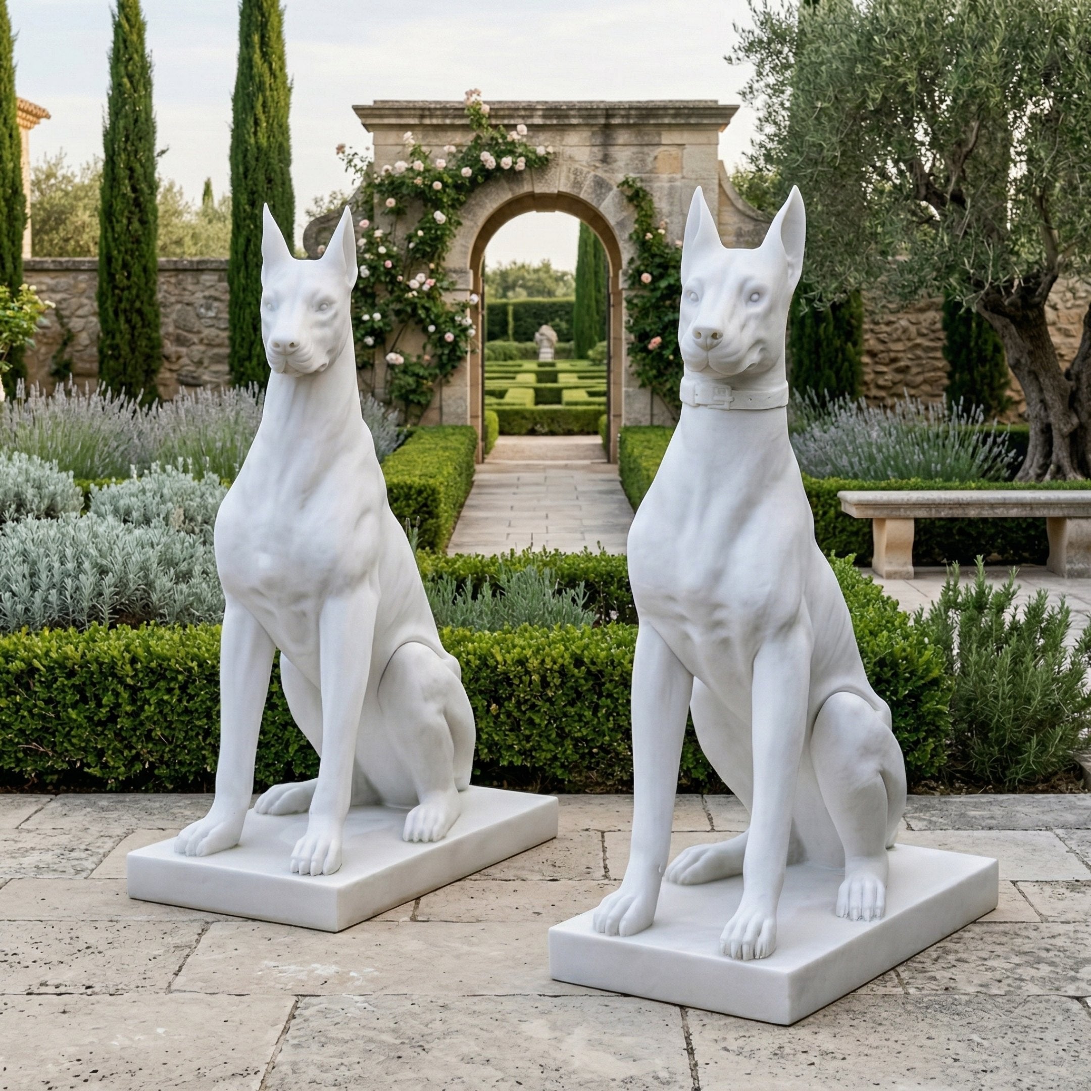 Two Vigilant Guardian Dog Marble Outdoor Sculptures by Giant Sculptures, each 120cm tall, stand on square bases in a formal garden with trimmed hedges, stone paths, a bench, and an archway draped in climbing roses.