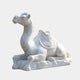 The Saddled Lying Camel Marble Outdoor Sculpture - 150cm by Giant Sculptures is a high-quality piece featuring intricate saddle carvings and a smooth texture on a rectangular base, exuding elegance against a plain white backdrop.