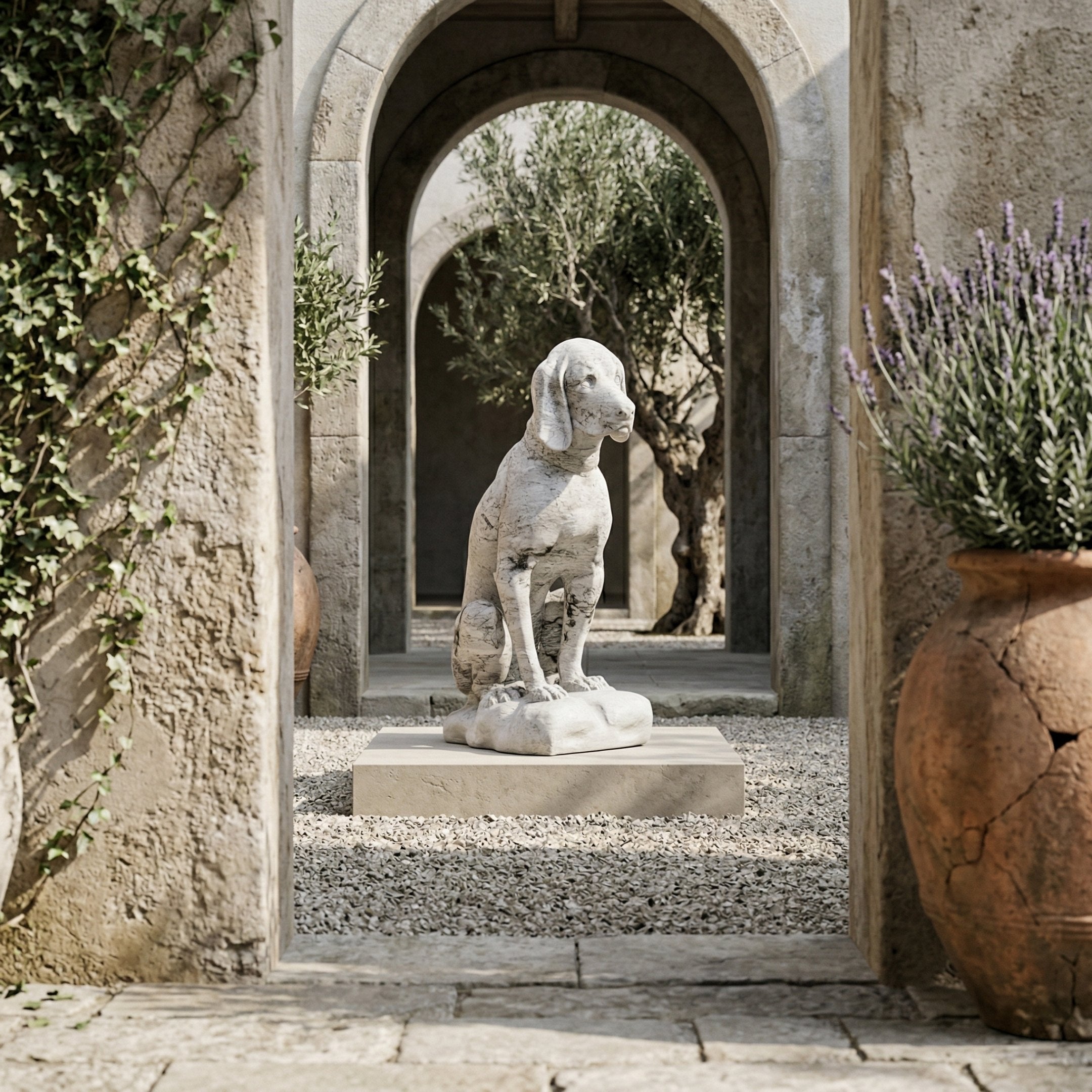 The Watchful Hound Dog Marble Outdoor Sculpture (100cm) by Giant Sculptures stands on a pedestal in a sunlit courtyard, framed by arches and surrounded by potted plants, textured stone walls, and climbing vines.