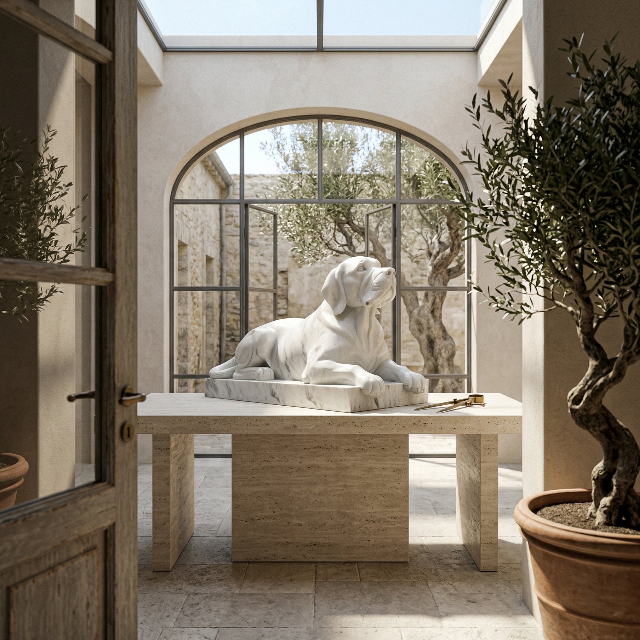 A sunlit room with stone walls showcases the Attentive Lying Dog Marble Outdoor Sculpture (90cm) by Giant Sculptures on a central stone table, surrounded by potted olive trees and large windows facing the courtyard.