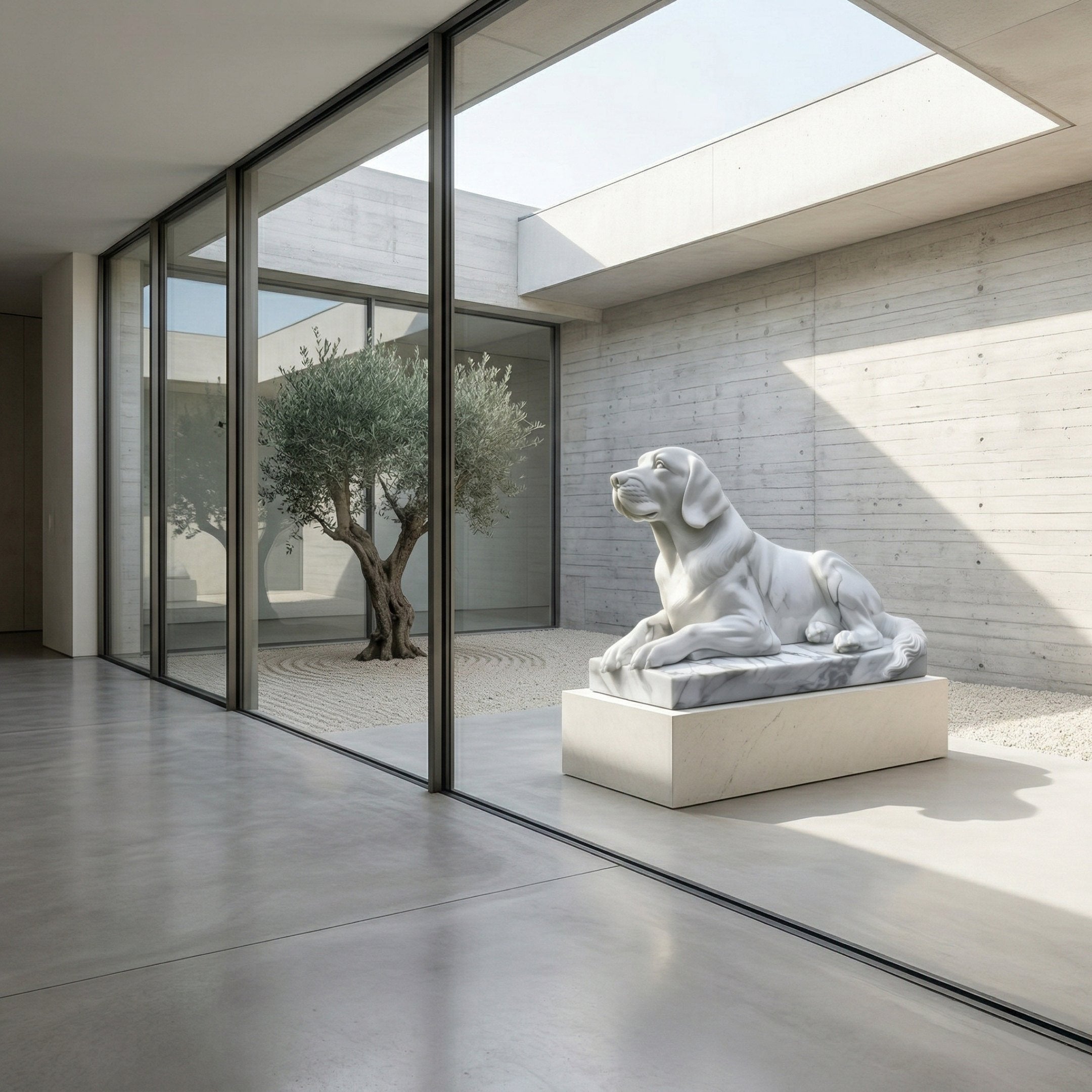 A modern minimalist interior showcases the Giant Sculptures Calm Lying Dog Marble Outdoor Sculpture (90cm) on a pedestal by floor-to-ceiling windows, overlooking a courtyard with an olive tree and gravel for added elegance.