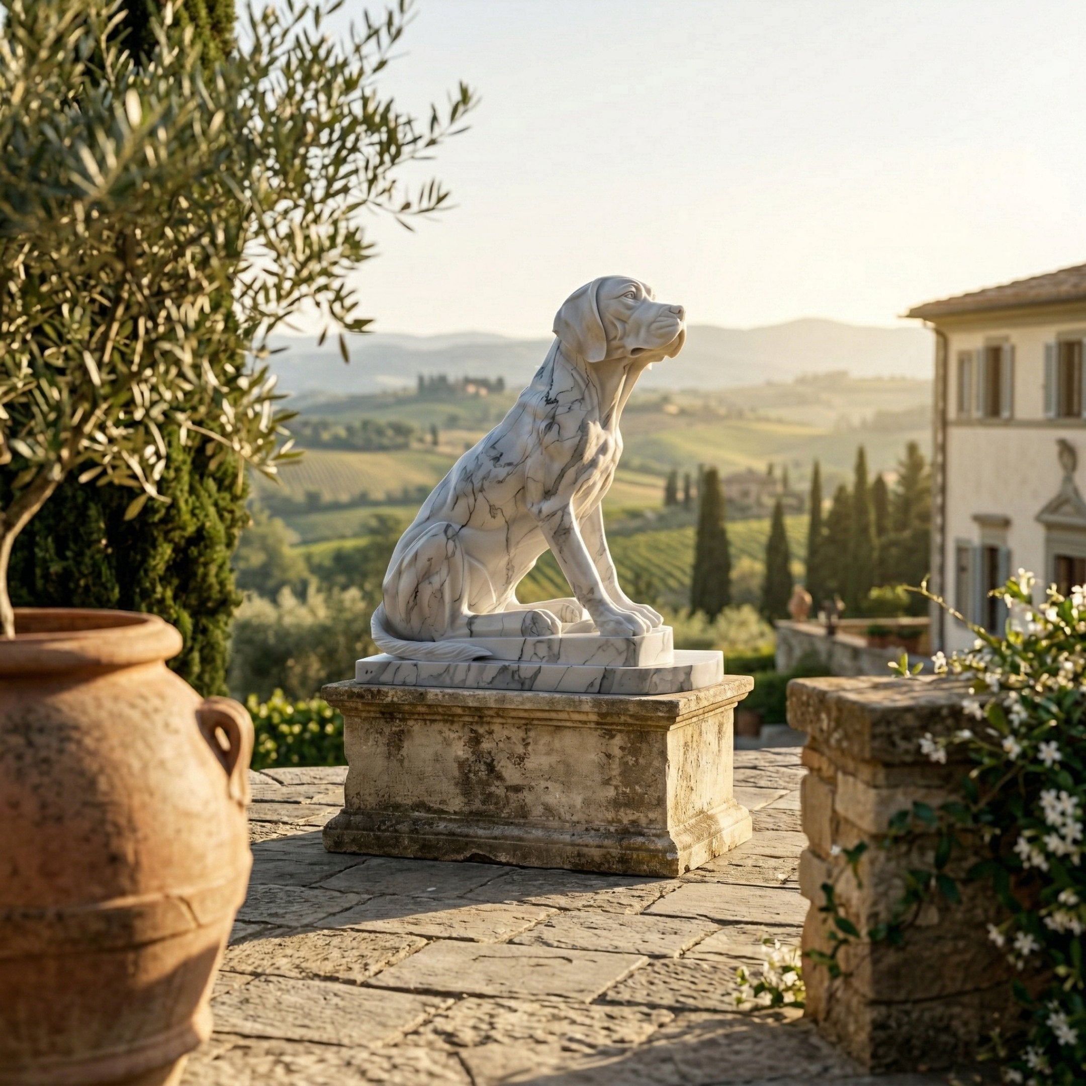 The Attentive Hound Dog Marble Outdoor Sculpture (150cm) by Giant Sculptures stands on a stone terrace with rolling hills, a villa, clay pot, and lush plants nearby, all bathed in warm golden sunlight.
