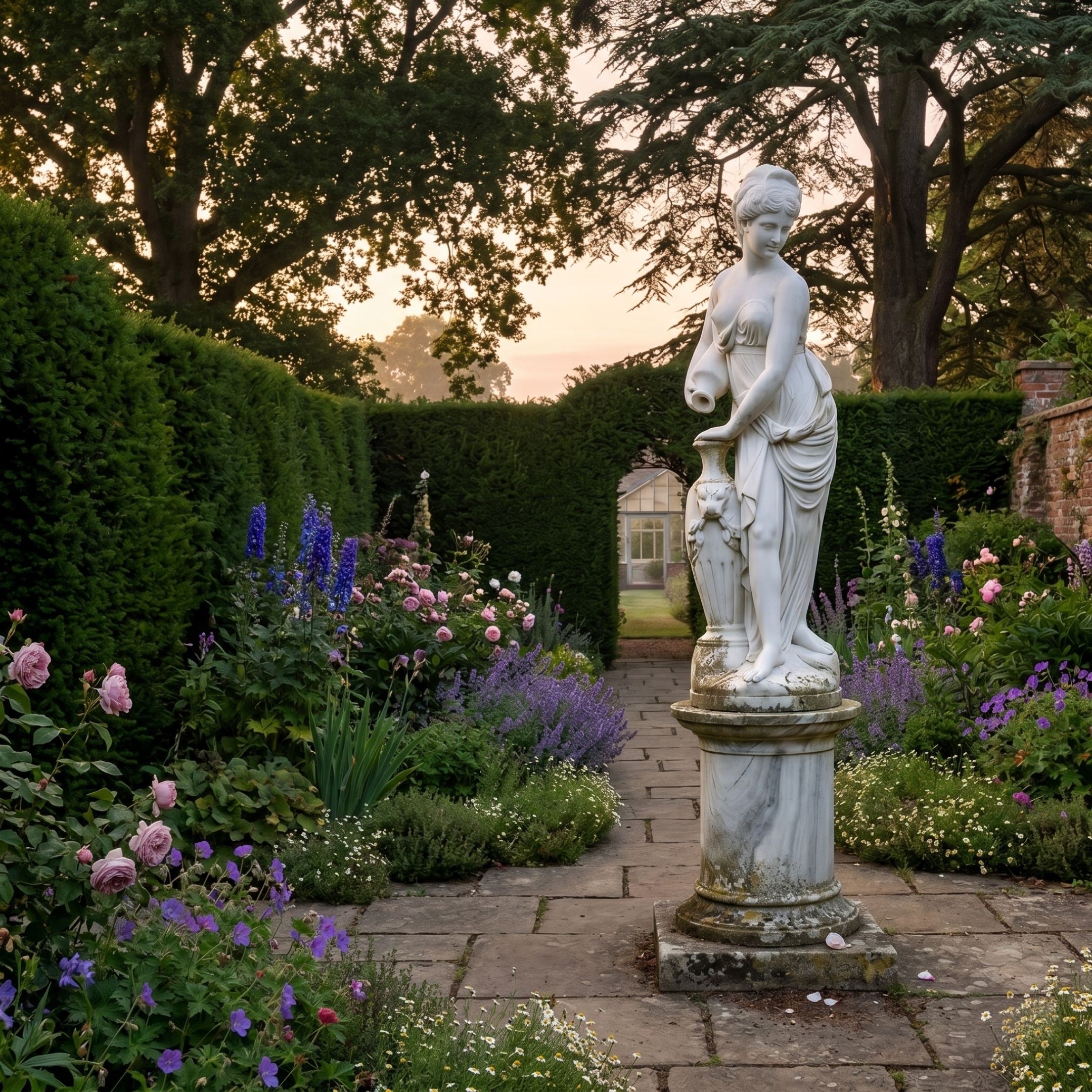 Giant Sculptures' 240cm Female Figure Pedestal Marble Sculpture holding an urn, displayed on a stone pedestal along a garden path lined with roses and lavender at dusk.
