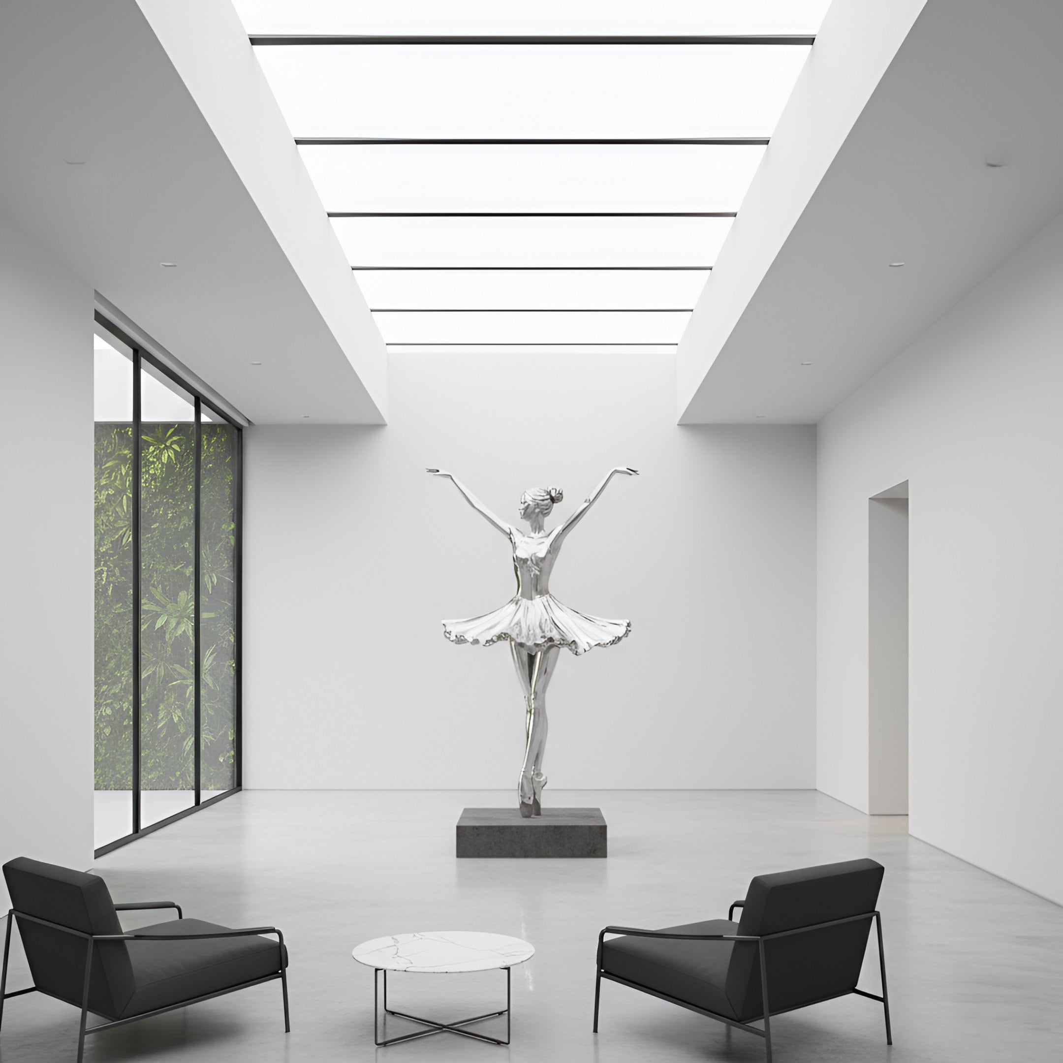 A modern, minimalist room with a skylight showcases the 180cm Grace Silver Ballet Steel Sculpture by Giant Sculptures at its center, flanked by two black armchairs and a round marble table on a polished concrete floor.