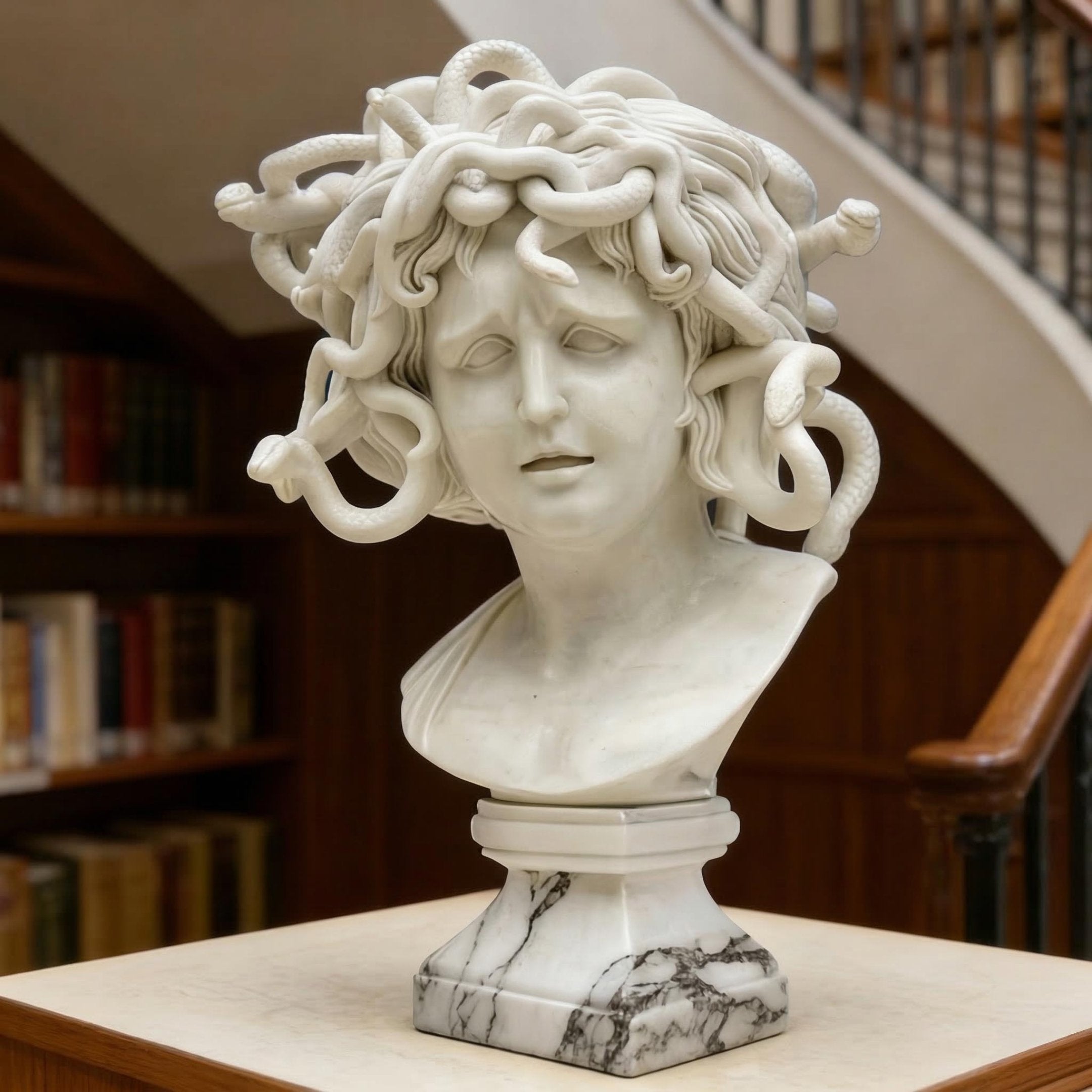 The Medusa Marble Bust Sculpture - 70cm by Giant Sculptures is showcased on a pedestal in a library, with bookshelves and a curved staircase in the background.