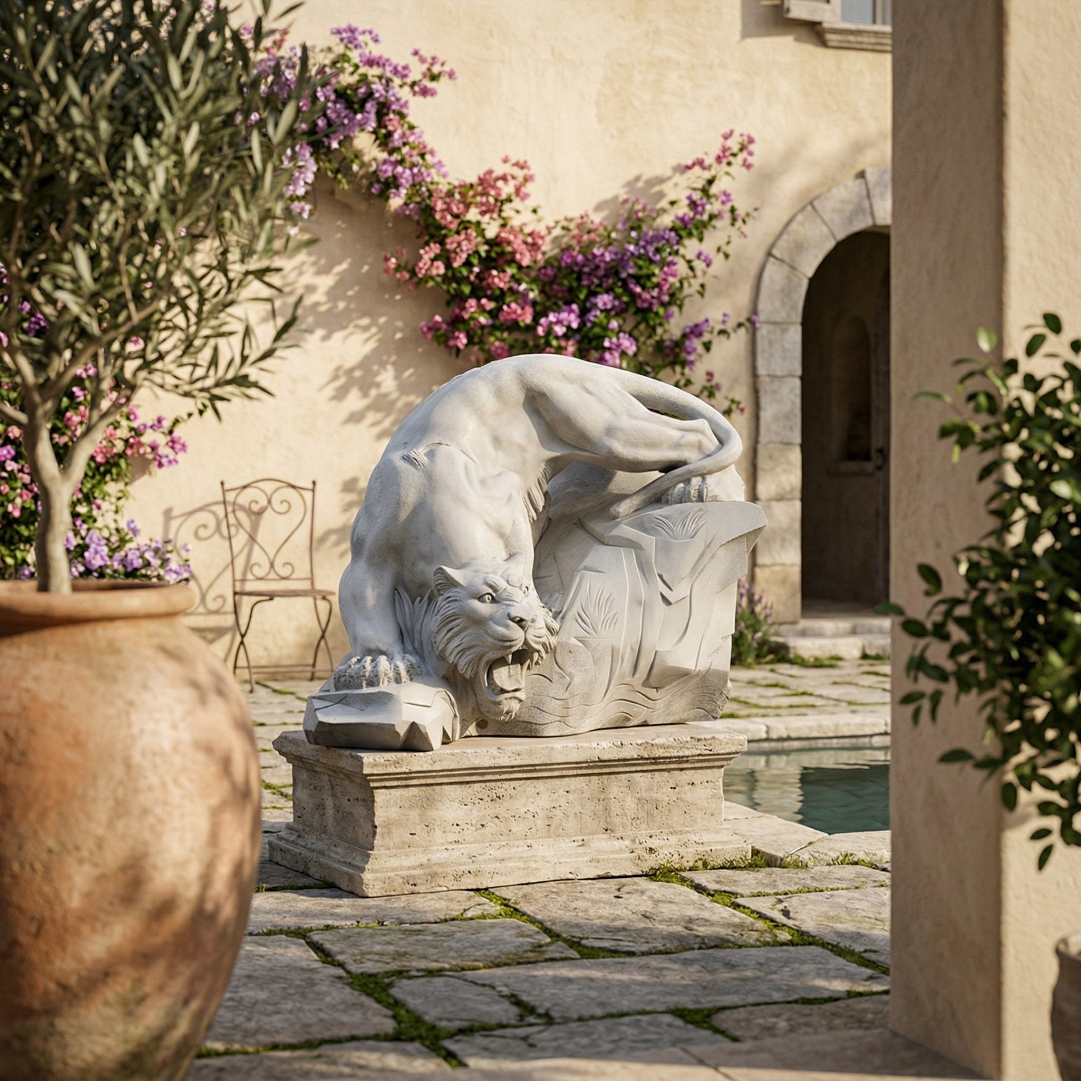 The Lunging Tiger Marble Outdoor Sculpture - 150cm by Giant Sculptures crouches on a stone pedestal in a sunlit courtyard, surrounded by potted plants and flowers, serving as a striking outdoor centerpiece.