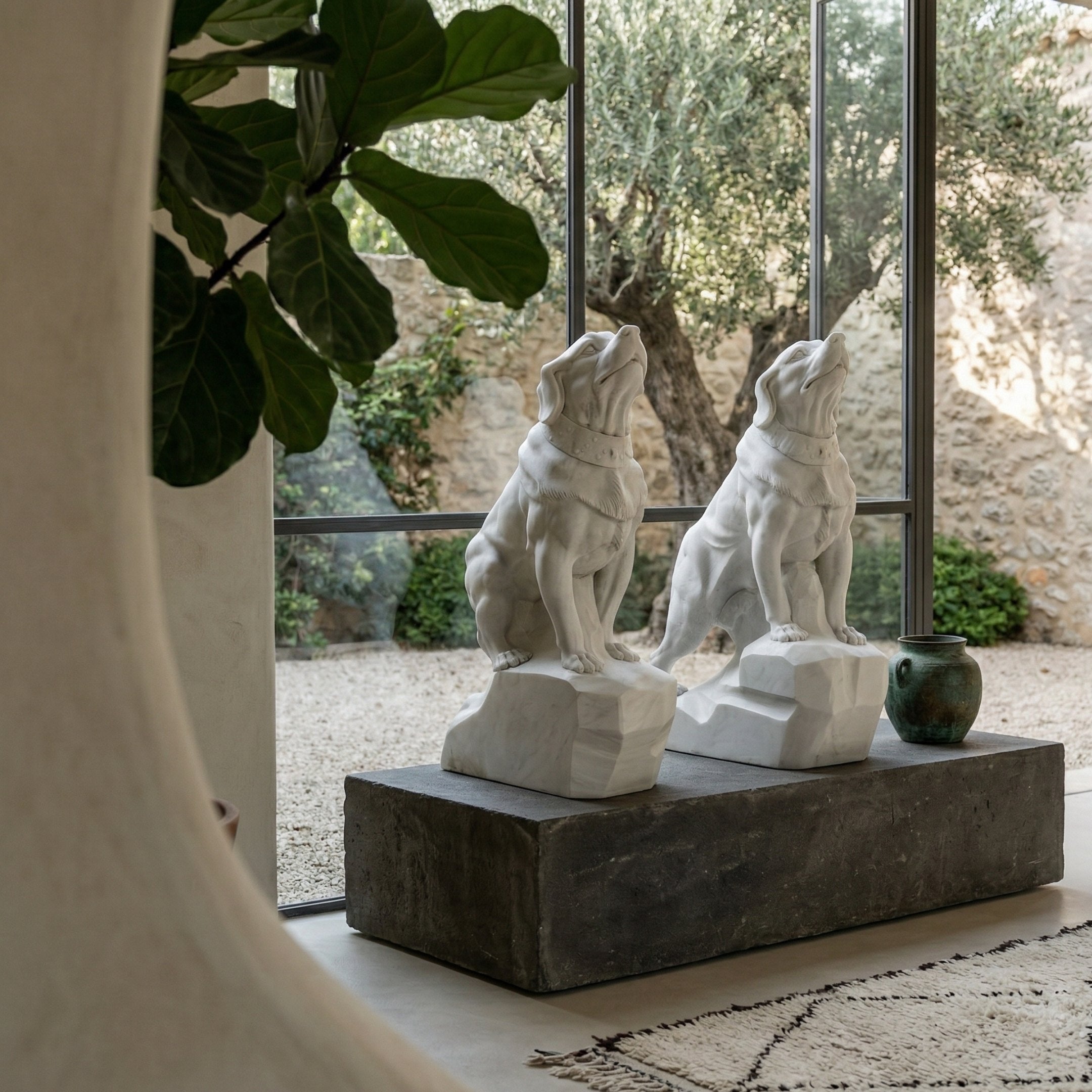 The Watchful Guardian Dog Marble Outdoor Sculpture (120cm) by Giant Sculptures stands on a stone pedestal before large windows, overlooking a garden. A green vase and leafy plant nearby enhance this elegant display.