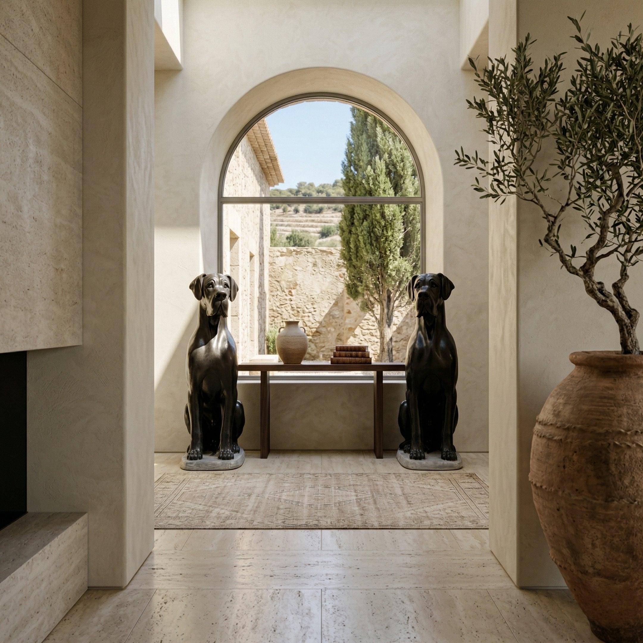 A bright hallway features two Ebony Guardian Dog Marble Outdoor Sculptures (150cm) by Giant Sculptures flanking a wooden bench with books, beige stone walls and floor, an olive tree in a clay pot, and views of trees through a large arched window.