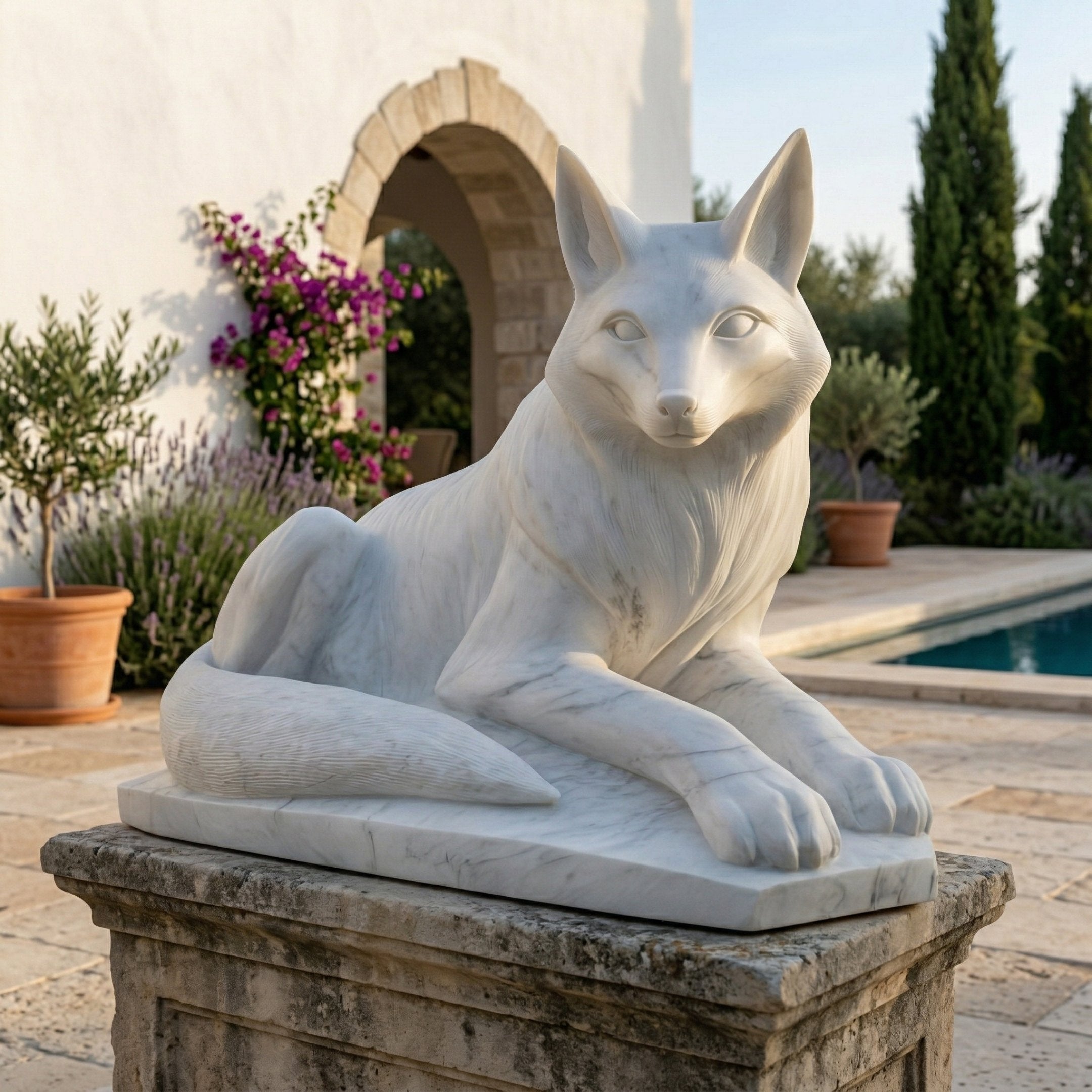 The Alert Lying Fox Marble Outdoor Sculpture (80cm) by Giant Sculptures rests on a stone pedestal near a pool, surrounded by potted plants and flowering vines in a Mediterranean-style courtyard.