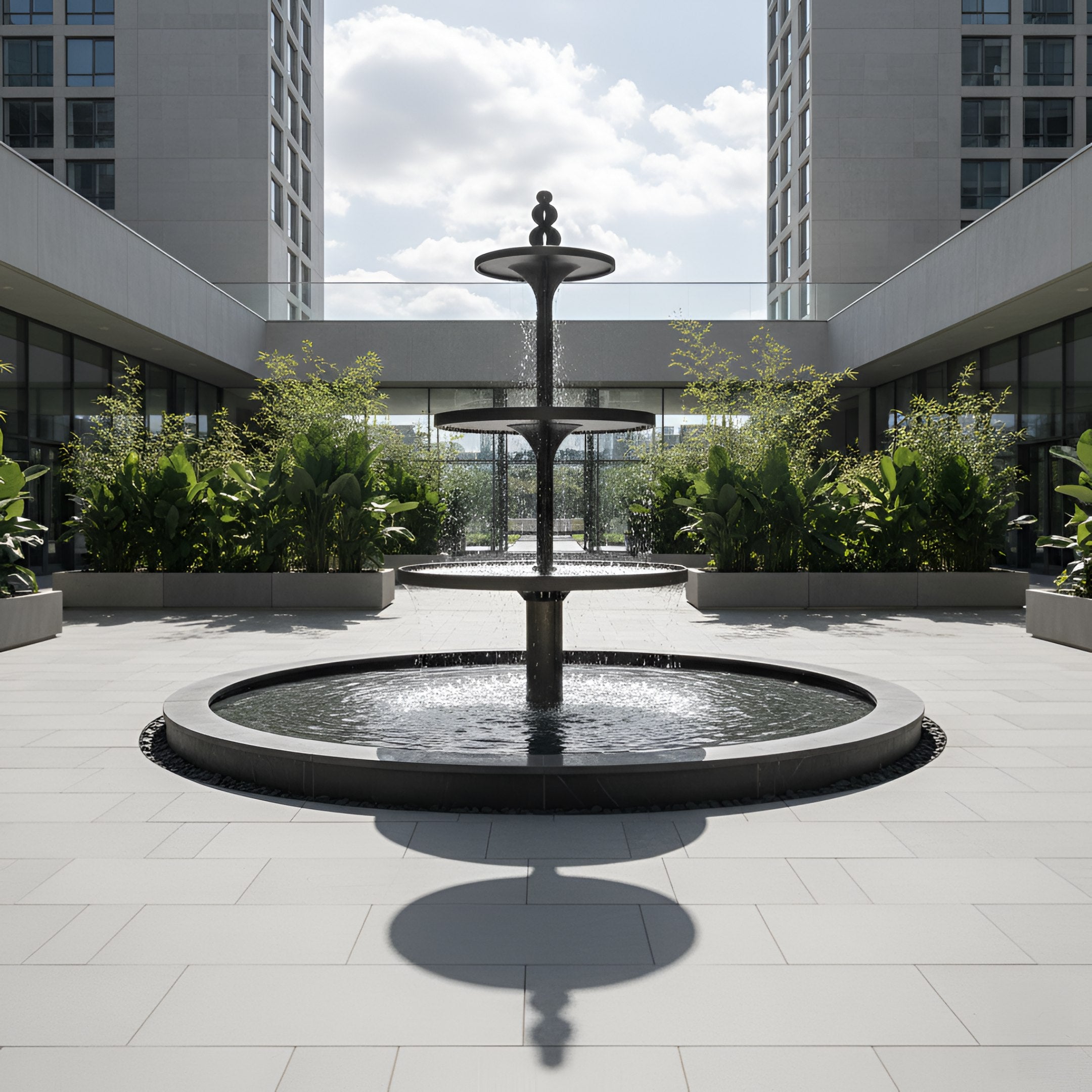 The Tieron Bronze 3-Tier Fountain Steel Sculpture (210cm) by Giant Sculptures stands at the center of a modern courtyard, encircled by greenery and tall buildings, with sunlight creating patterns on the tiled ground.