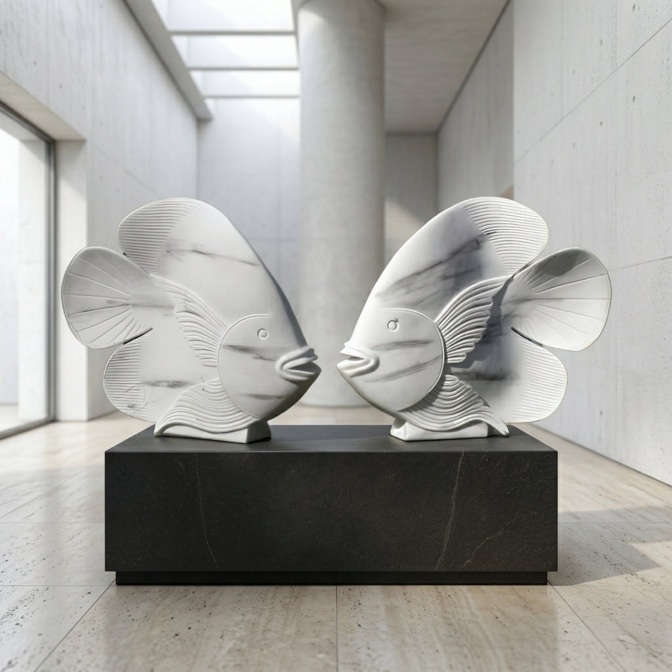 Two Swirl-Fin Angel Fish I Marble Outdoor Sculptures (40cm) from Giant Sculptures face each other on a black pedestal in a bright gallery, their marble surfaces reflecting light—ideal as eye-catching garden décor.
