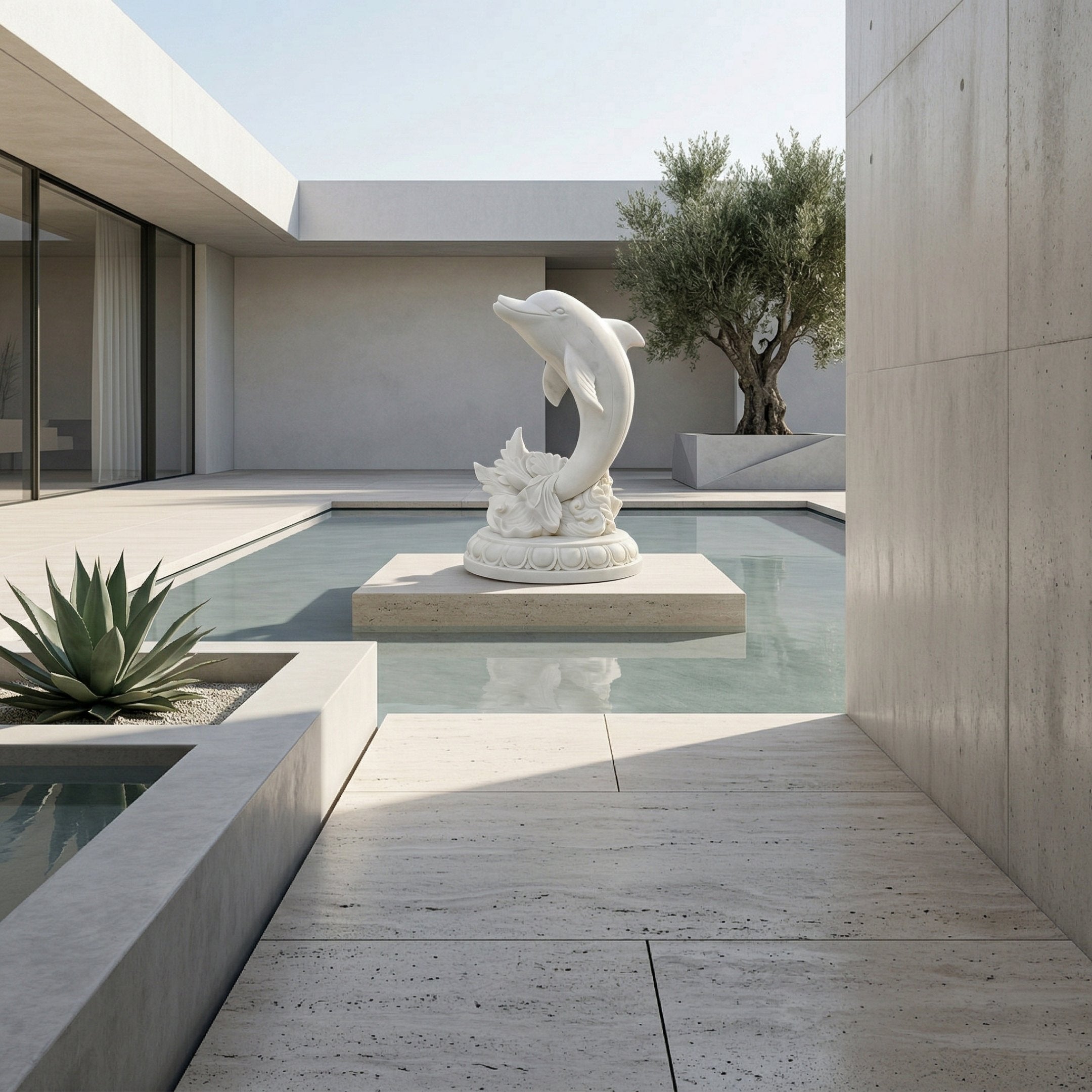 A modern courtyard with a shallow reflecting pool showcases the Giant Sculptures Leaping Dolphin Marble Outdoor Sculpture (150cm) at its center, framed by minimalist architecture, an agave plant, and an olive tree in the background.