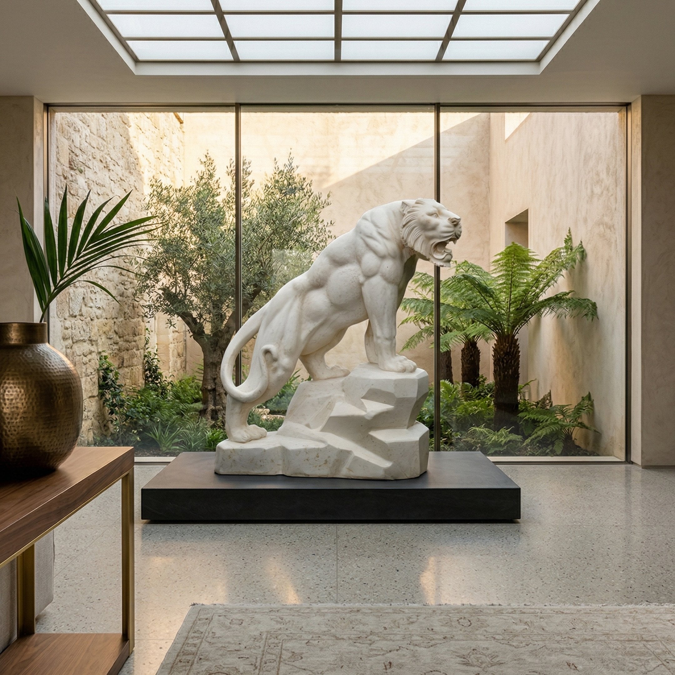 A large white marble lion statue roars on a pedestal in a sunlit room with floor-to-ceiling windows overlooking a garden, featuring trees, ferns, and the Roaring Rock Tiger Yellow Marble Outdoor Sculpture (150cm) by Giant Sculptures.