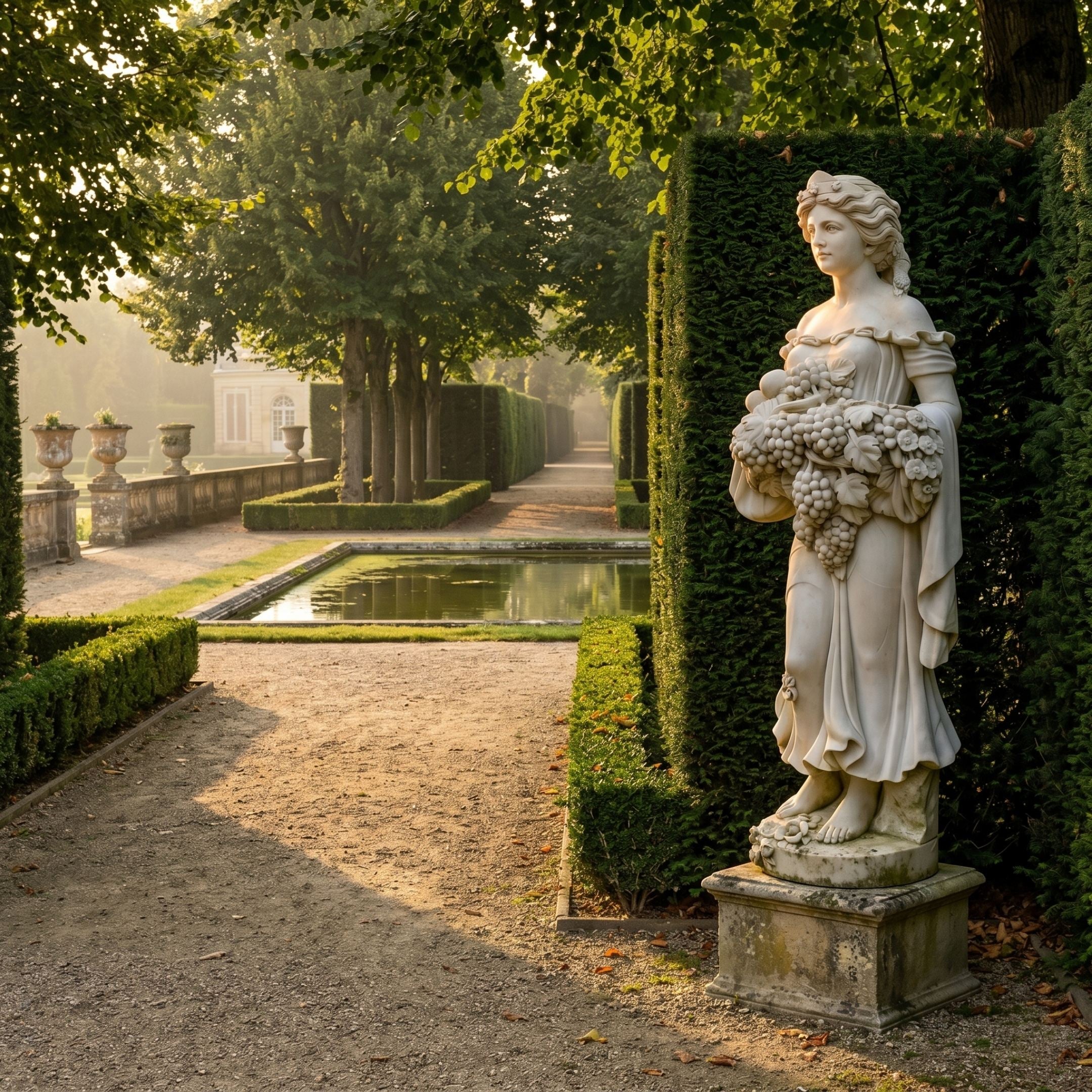 Goddess of Abundance 160cm marble sculpture by Giant Sculptures, holding a cornucopia of grapes and flowers, displayed on a plinth beside a hedge in a formal garden.