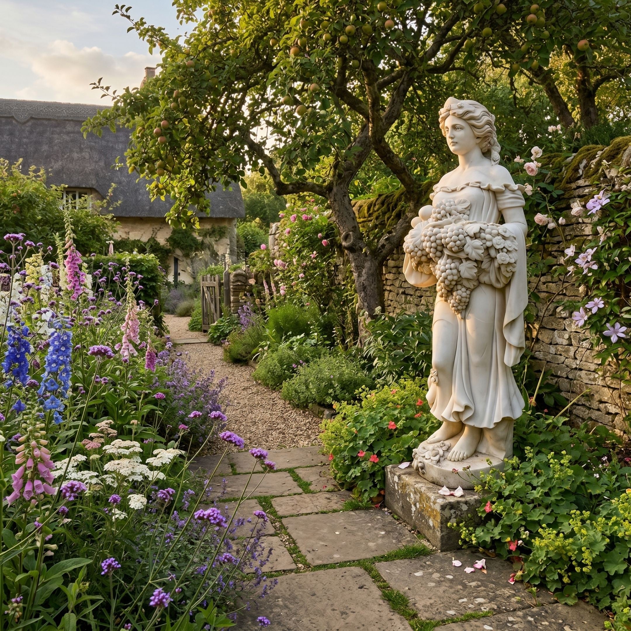 Goddess of Abundance 160cm white marble sculpture by Giant Sculptures, holding a cornucopia of grapes, set in a cottage garden with foxgloves and stone path.