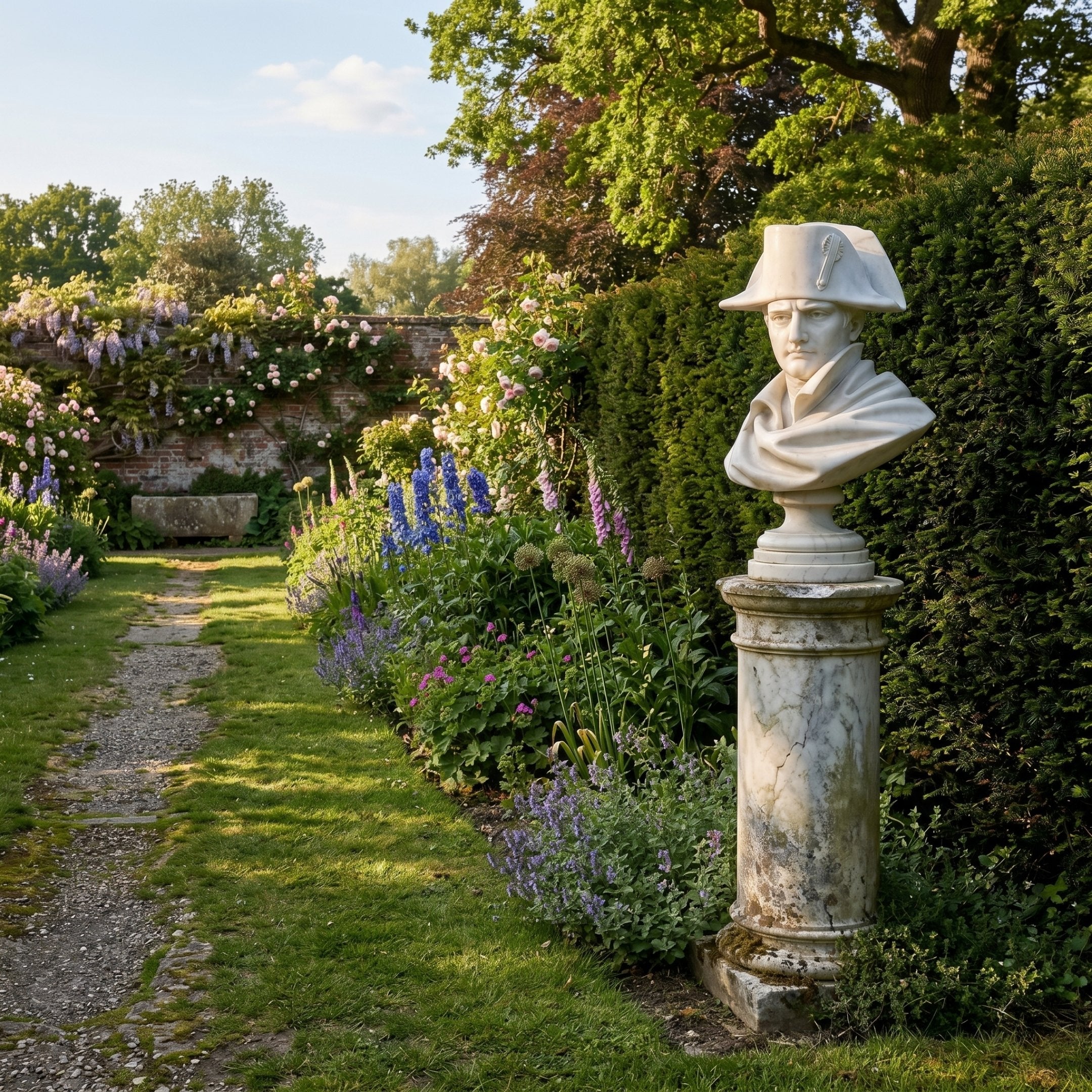 The Napoleon Marble Bust Sculpture - 65cm by Giant Sculptures stands on a pedestal in a garden with blooming flowers, green hedges, and a stone path beneath a clear sky.