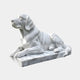 This 90cm Calm Lying Dog Marble Outdoor Sculpture by Giant Sculptures features a graceful, tranquil pose with detailed fur texture and a curled tail on a marble base, set against a plain light gray background. Ideal for garden display.