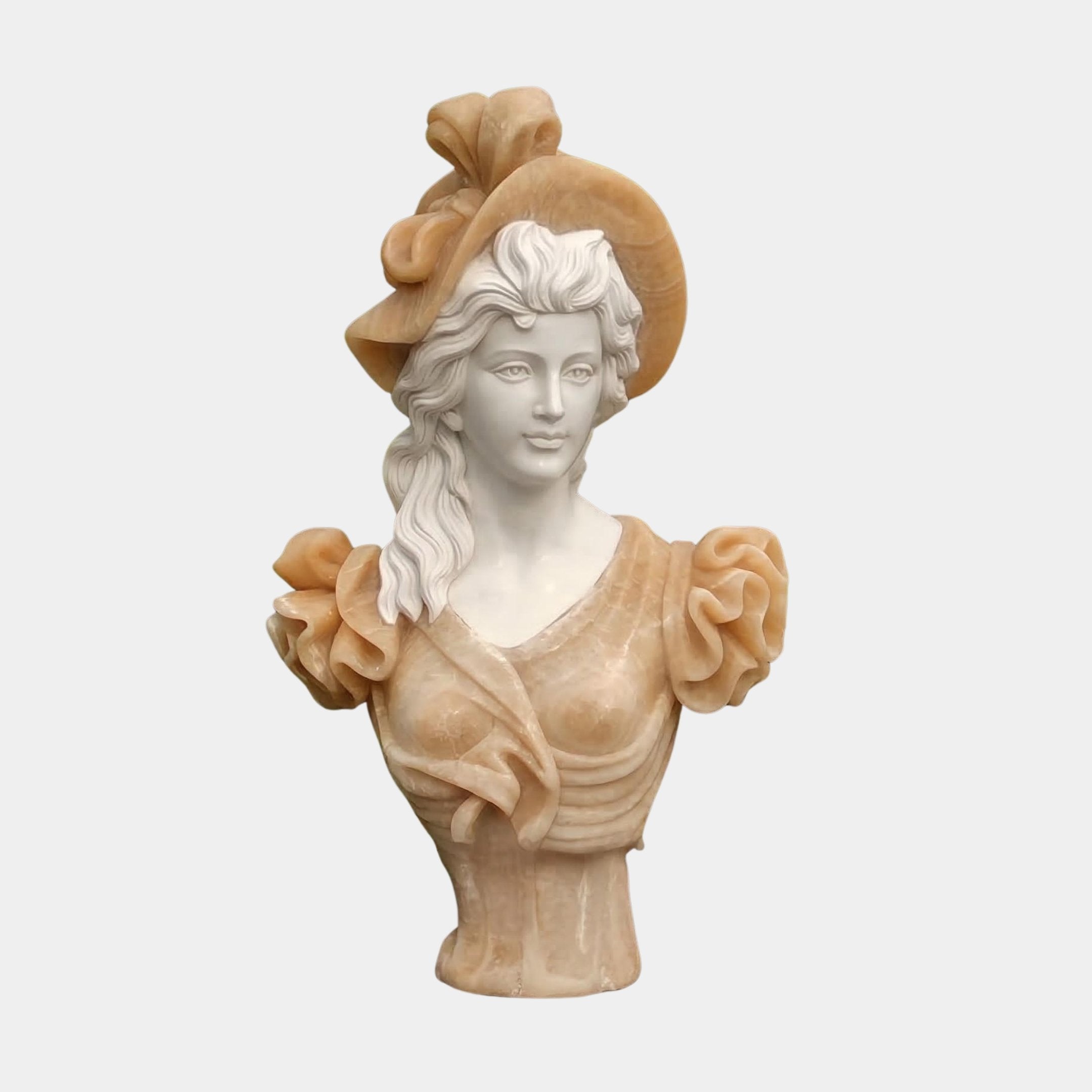 The Classical Lady Marble Bust - 65cm by Giant Sculptures depicts a woman with a large hat, puffed sleeves, and wavy hair, intricately detailed in marble and set against a plain background.