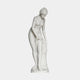 Standing Nude Bather Marble Sculpture by Giant Sculptures, 160cm tall, depicting a woman leaning forward holding draped cloth beside a rocky base, on plain background.